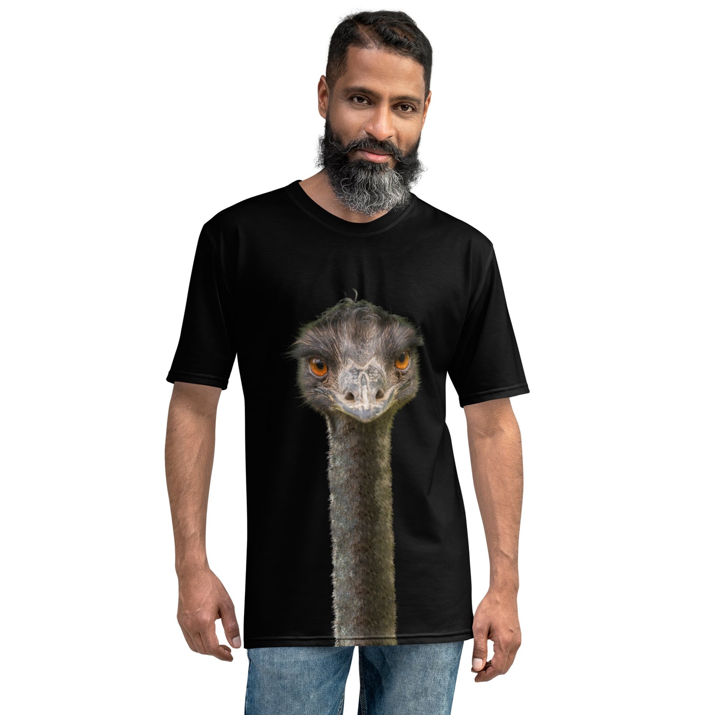 Men's all over print black T-shirt with an Emu head and neck printed on the front and back, male model, front view