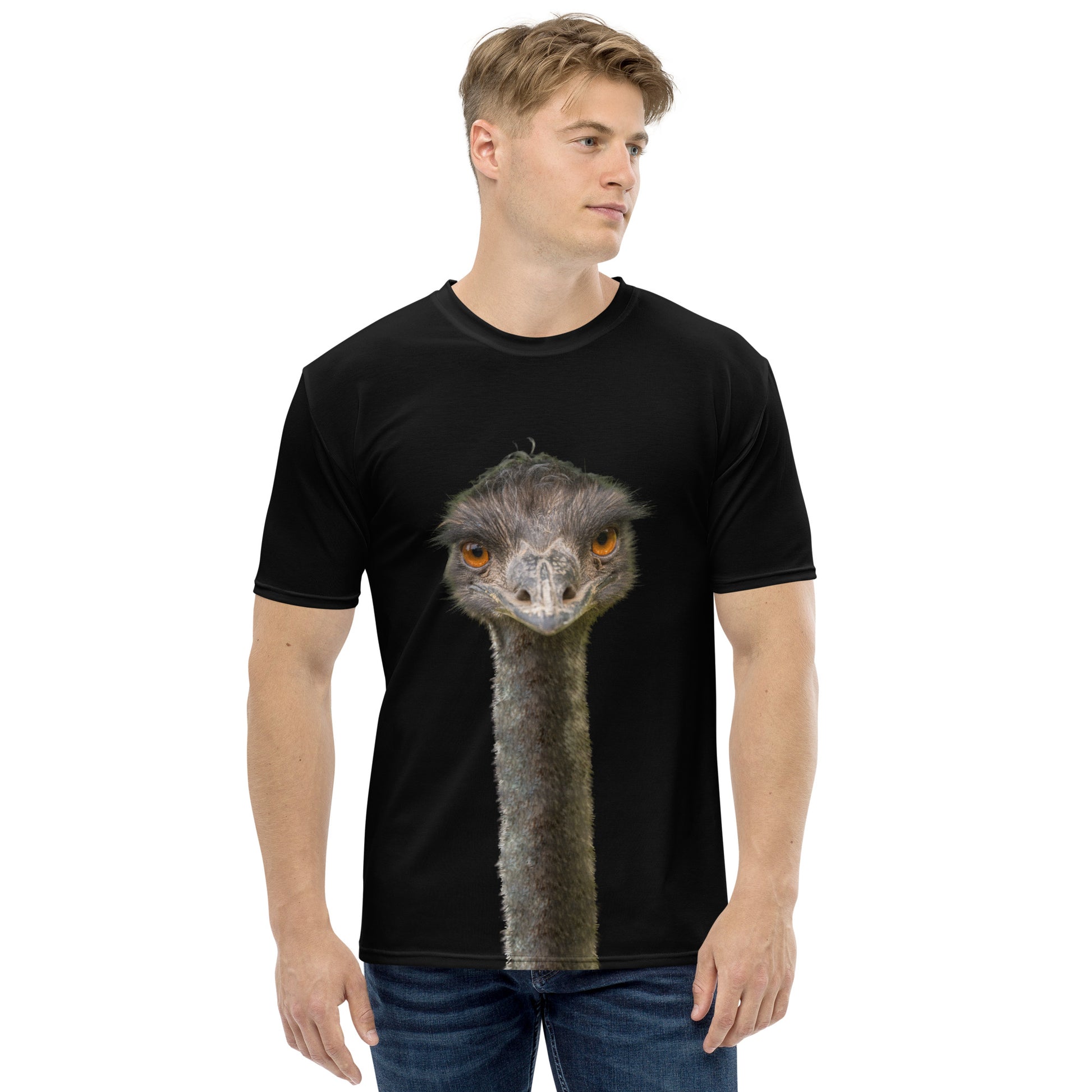 Men's all over print black T-shirt with an Emu head and neck printed on the front and back, male model, front view