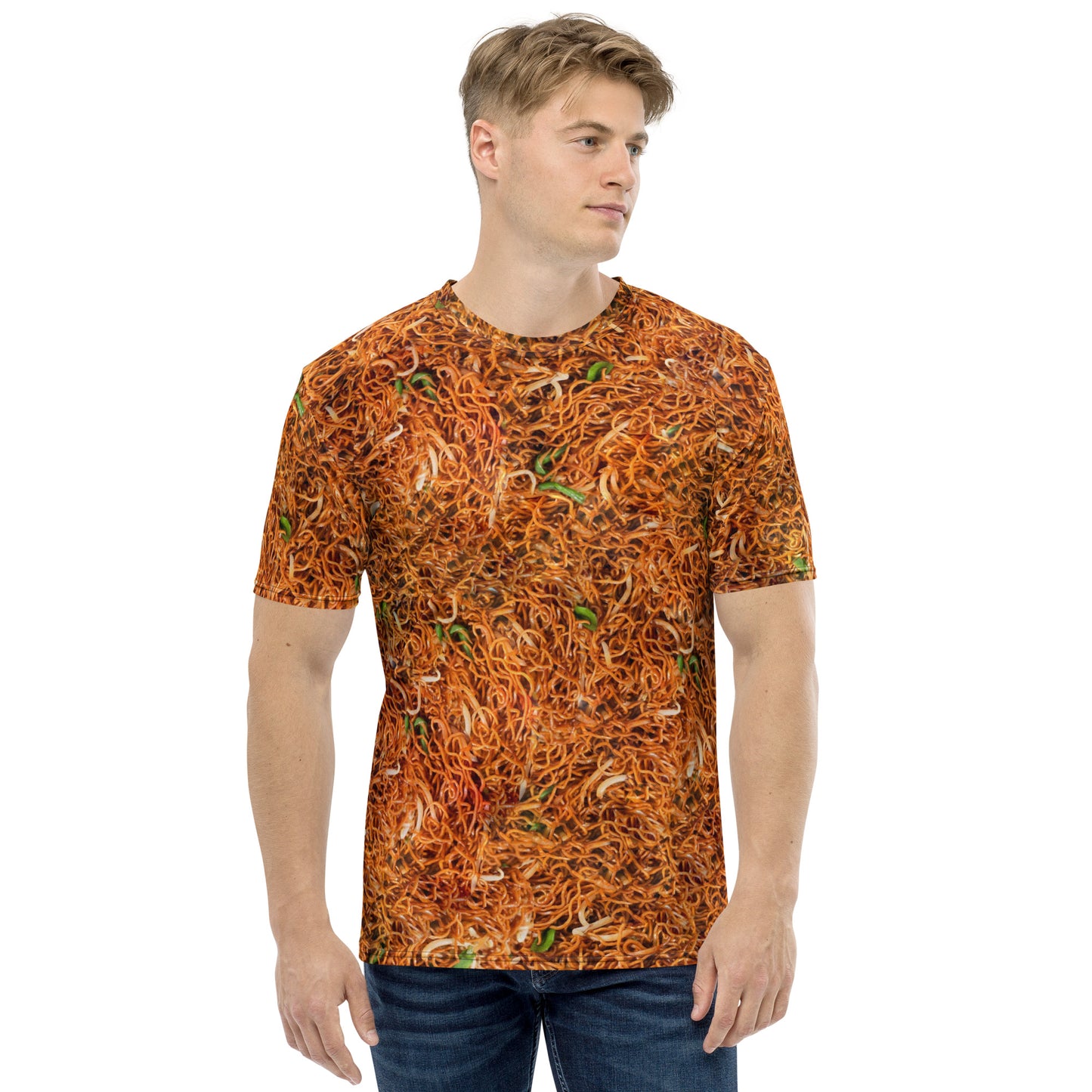 Young man wearing a Chow mein chinese noodles men's all over print T-shirt, front view.