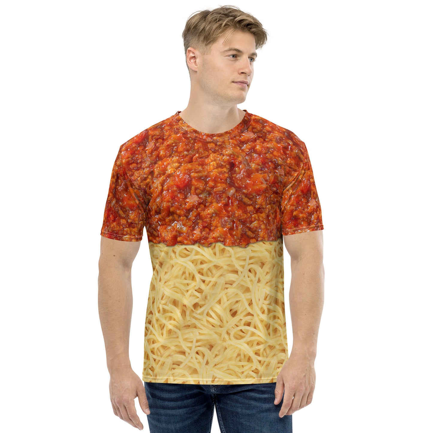 Young man wearing a Spaghetti bolognese all over print men's novelty T-shirt, front view.