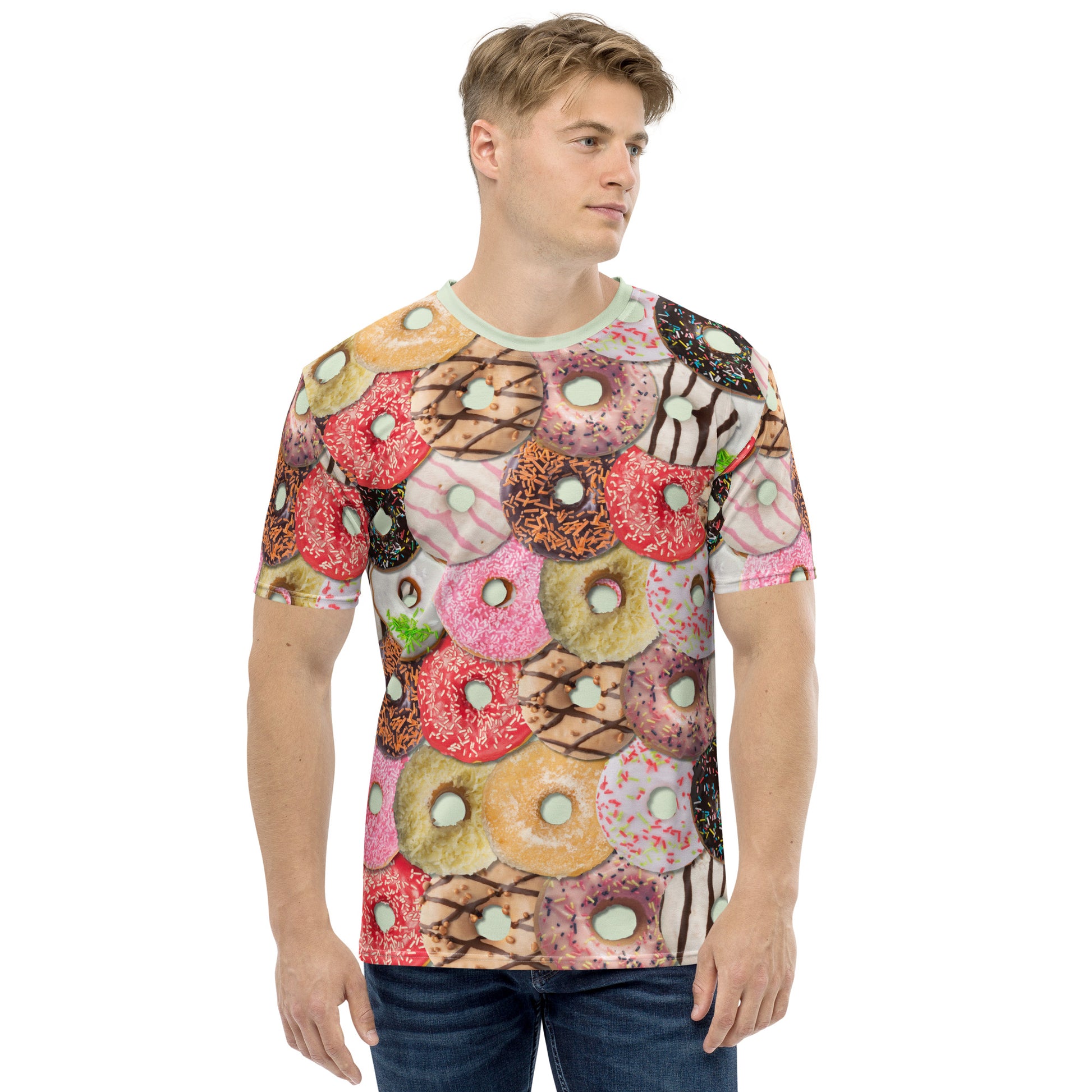 Young man wearing a Men's all over print Iced Doughnuts T-shirt, front view.