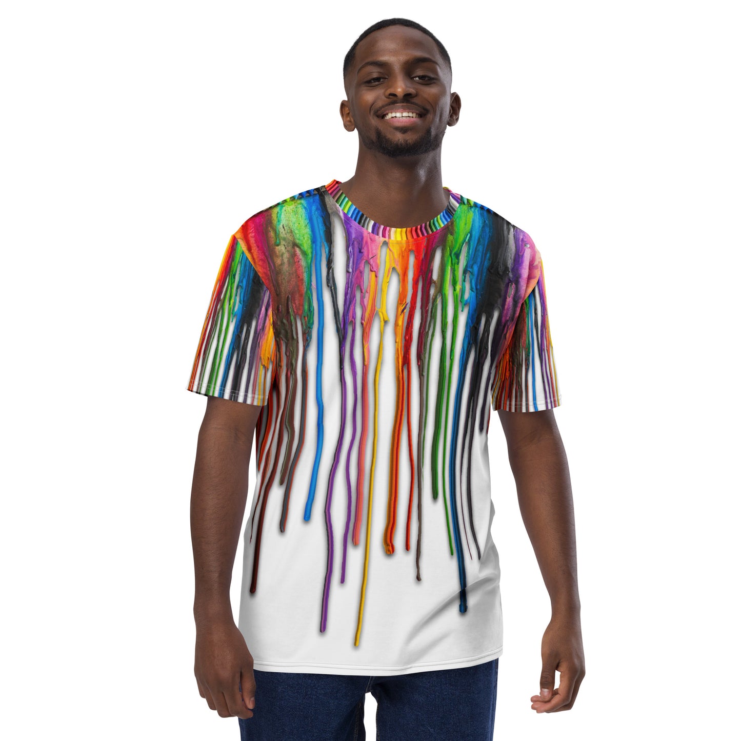 Young man wearing an All over print Melted Crayons Dripping down the shirt T-shirt, facing camera.