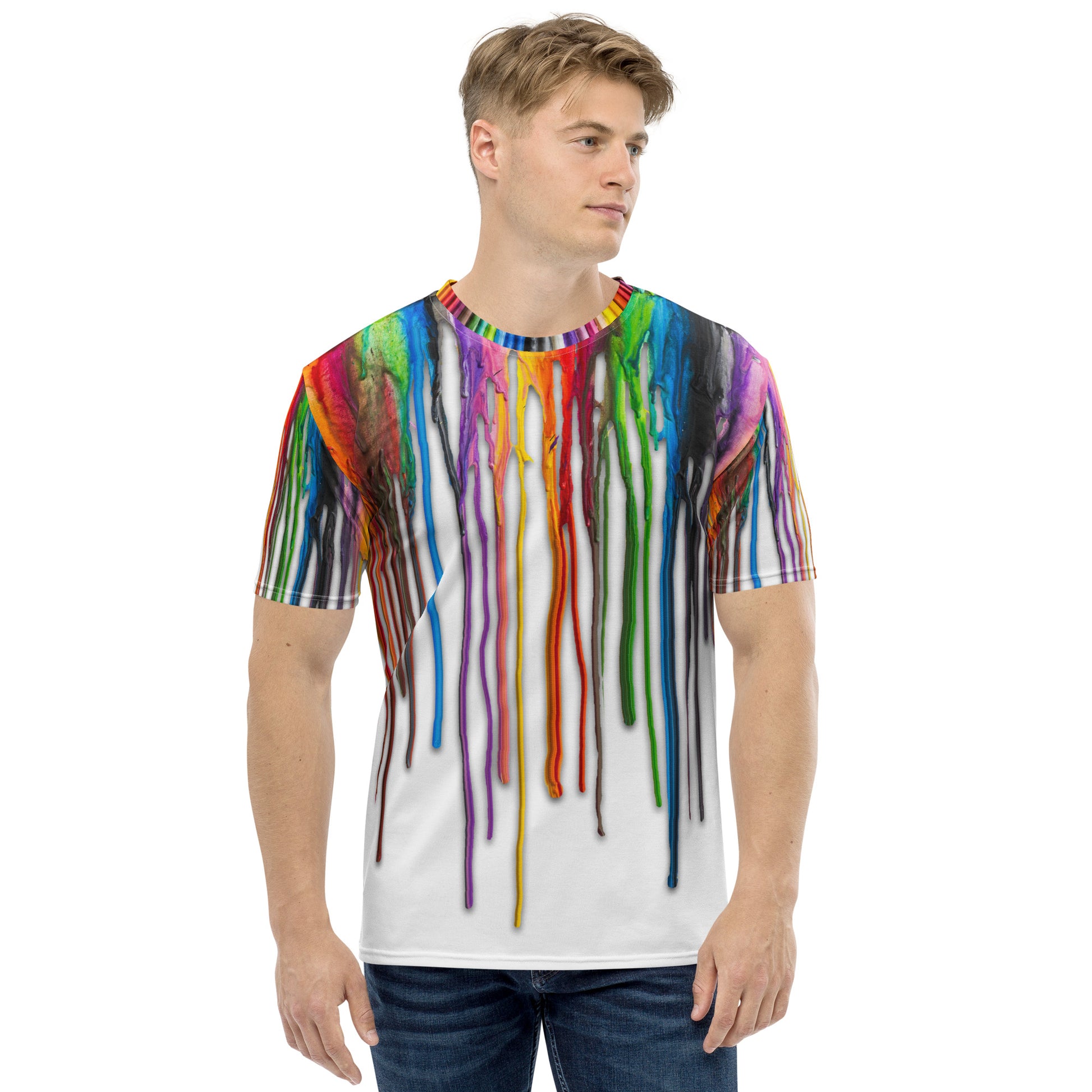 Young man wearing an All over print Melted Crayons Dripping down the shirt T-shirt, front.