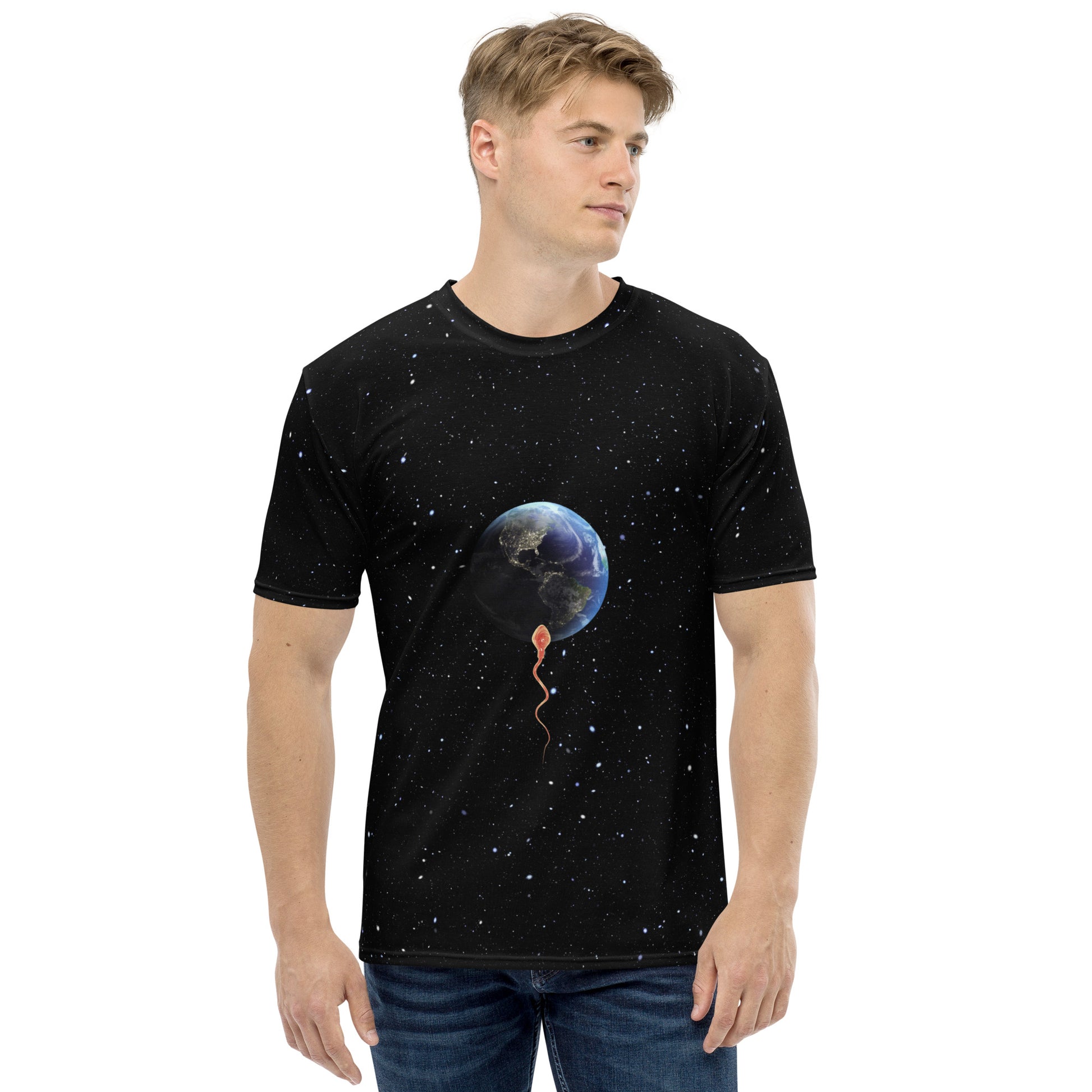 Young man wearing a Save the planet - sperm trying to penetrate planet earth T-shirt, front view.