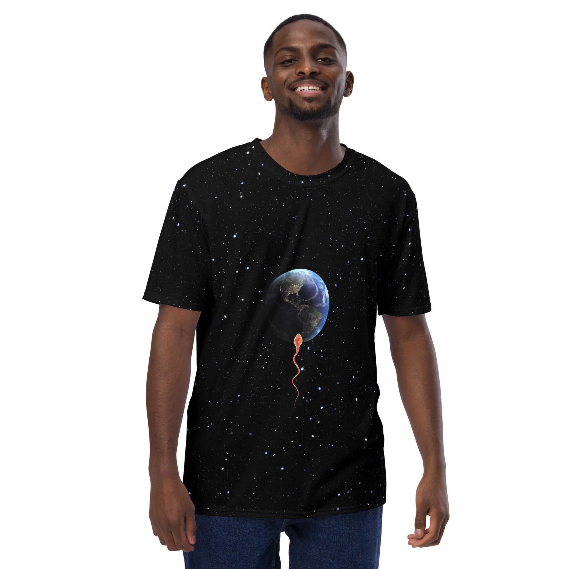 Male model wearing a Save the planet - sperm trying to penetrate planet earth T-shirt, front.