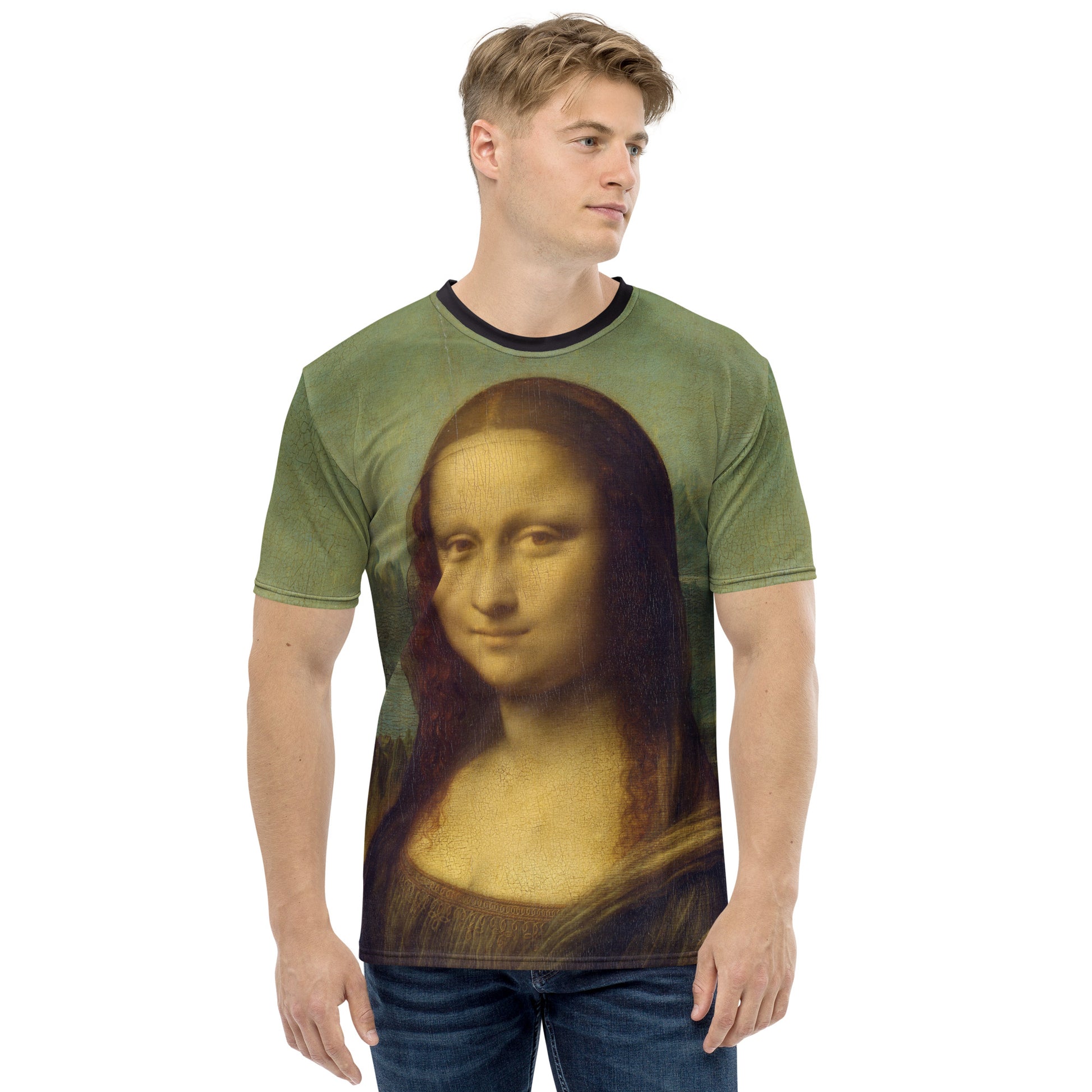 Young man modelling a Mona Lisa Smile all over print Novelty T-shirt, front.