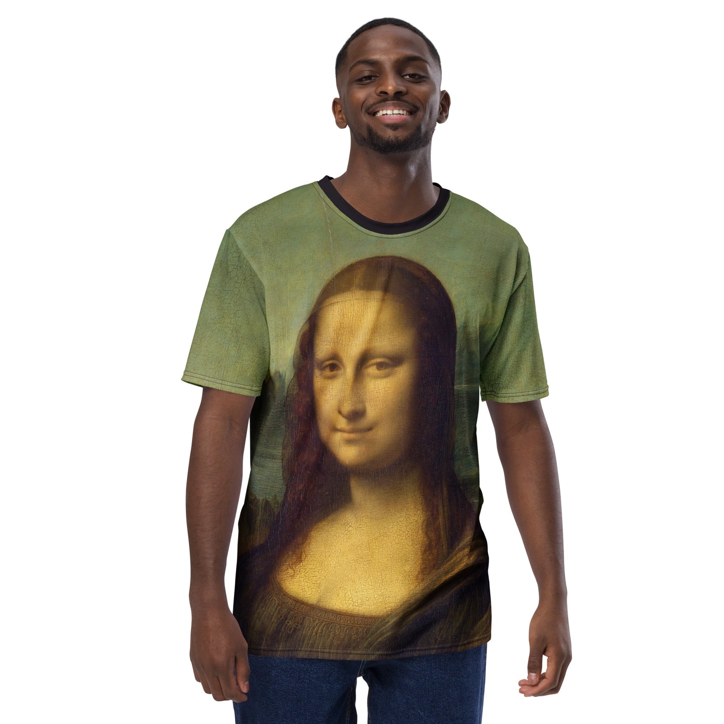 Young man modelling a Mona Lisa Smile all over print Novelty T-shirt, front view.