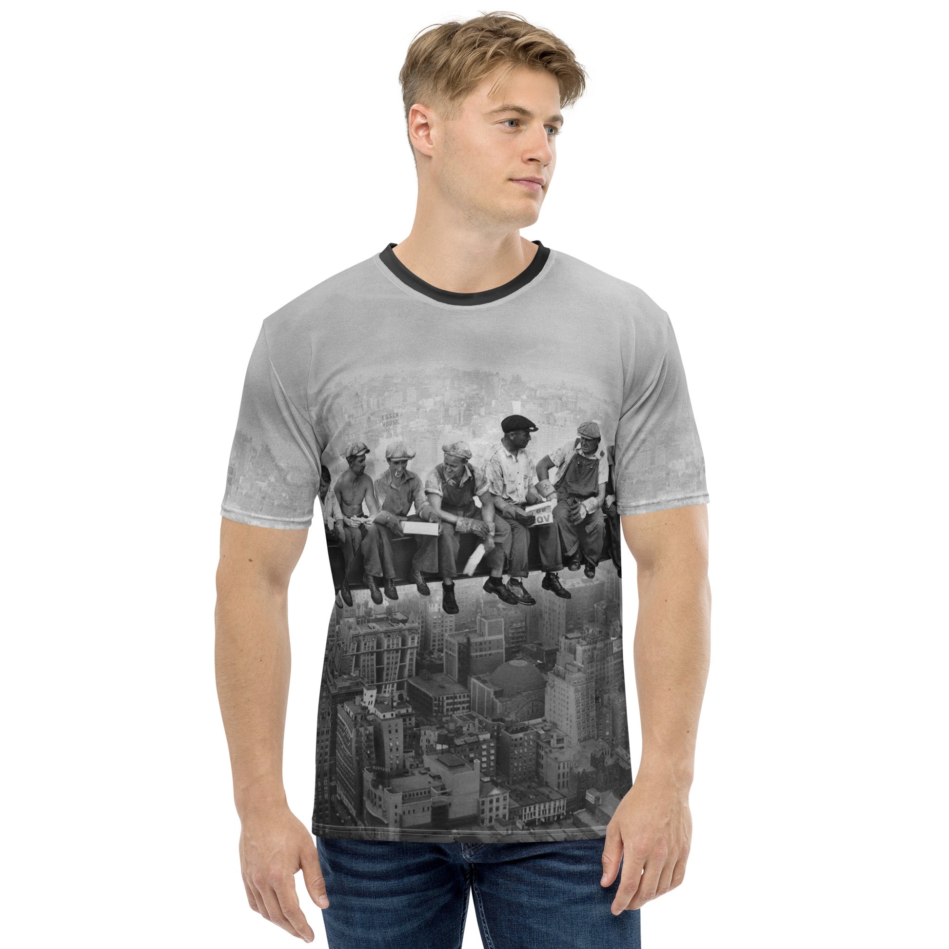 Young man wearing a Vintage Lunch Atop a Skyscraper Iconic All Over Print Photo T-shirt, front view