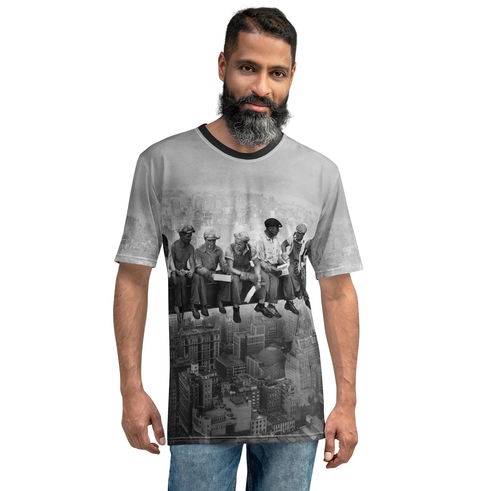 Older man wearing a Vintage Lunch Atop a Skyscraper Iconic All Over Print Photo T-shirt, front view