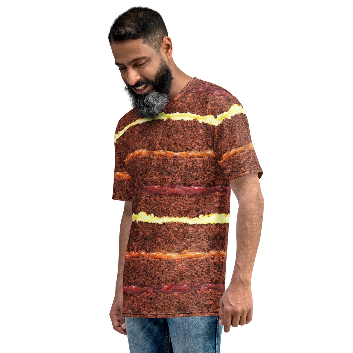 male model wearing Chocolate Gateau Cake Layers all over print men's T-shirt front left view