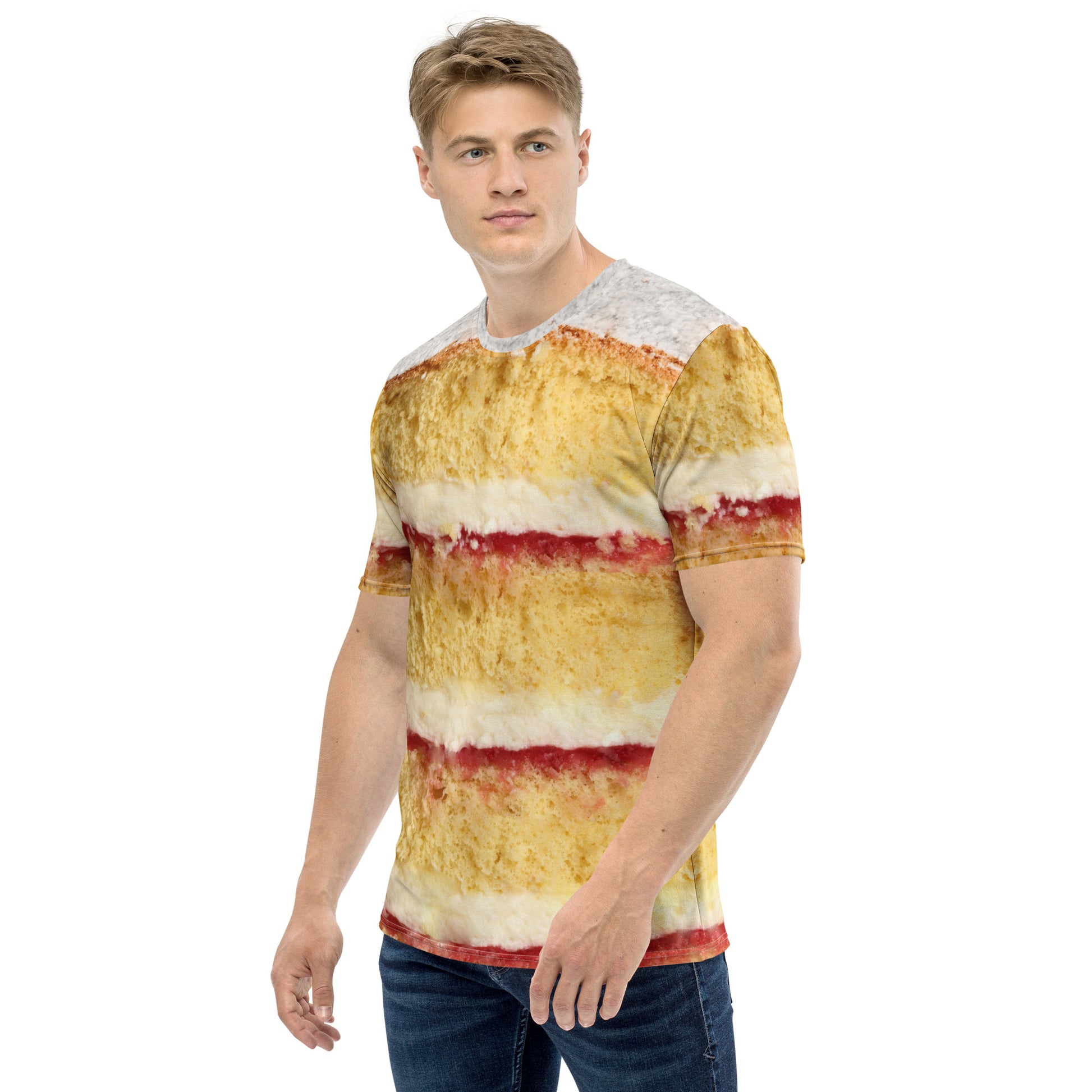 Victoria sponge cake layers men's all over print T-shirt male model left front