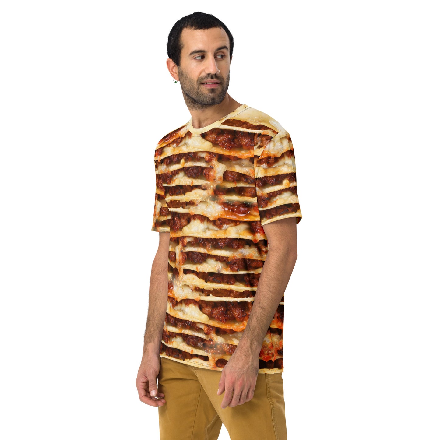 male model wearing Lasagne layers all over print men's T-shirt front left view