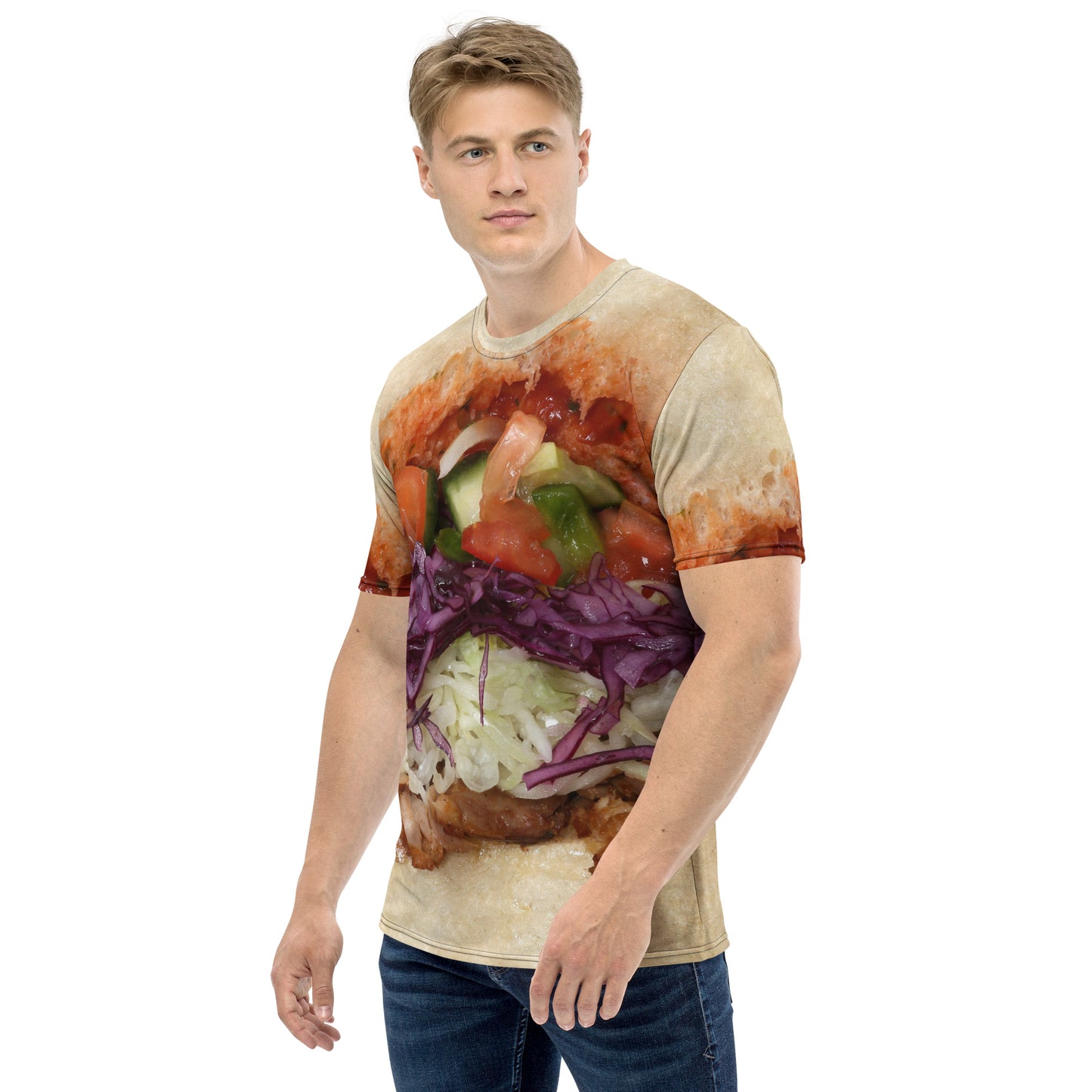 male model wearing Doner kebab with chilli sauce and salad all over print men's T-shirt