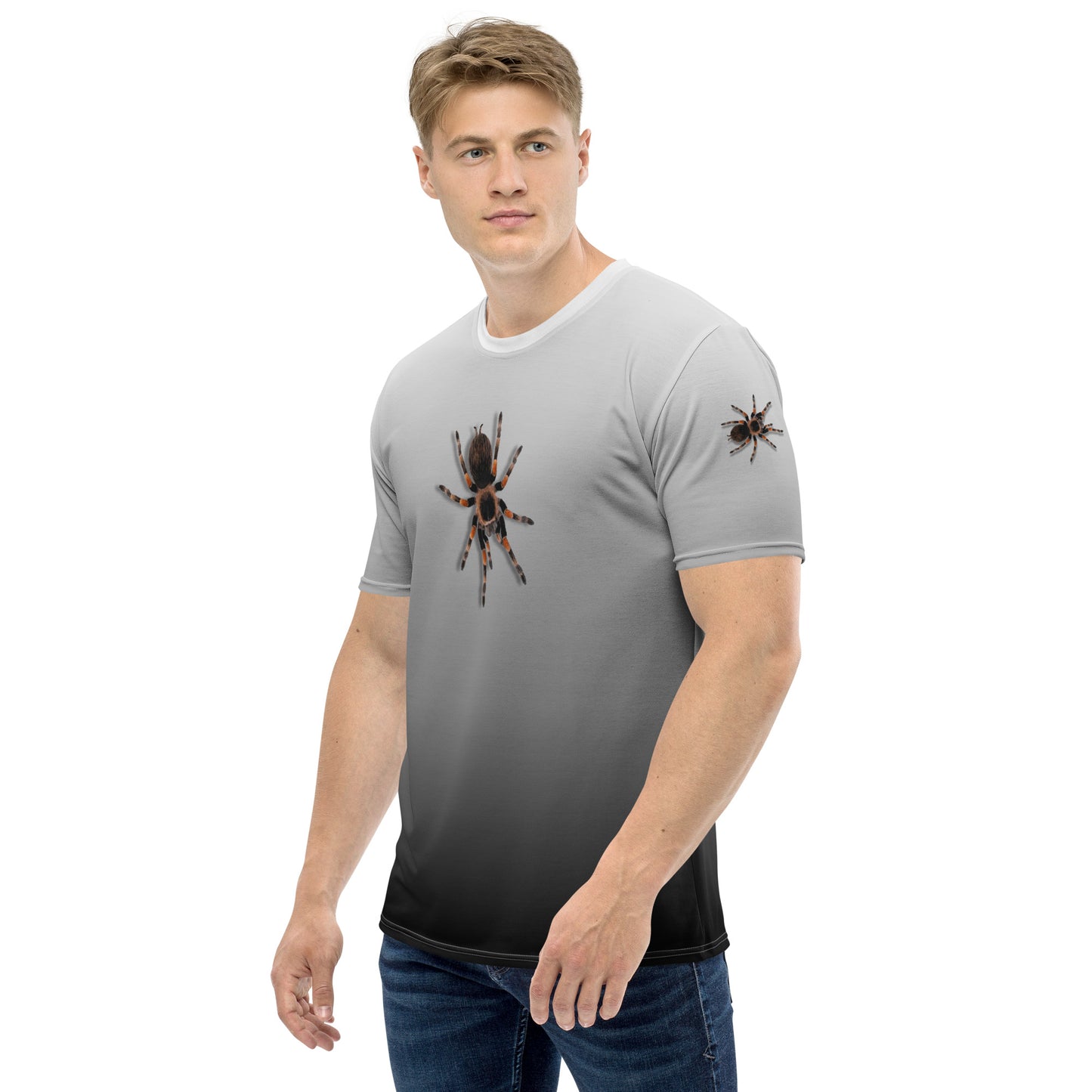 Men's 3D Tarantula spiders all over print T-shirt, with realistic tarantulas on both arms, front and back of shirt. Shirt colour is monochrome gradient. Male model facing right.