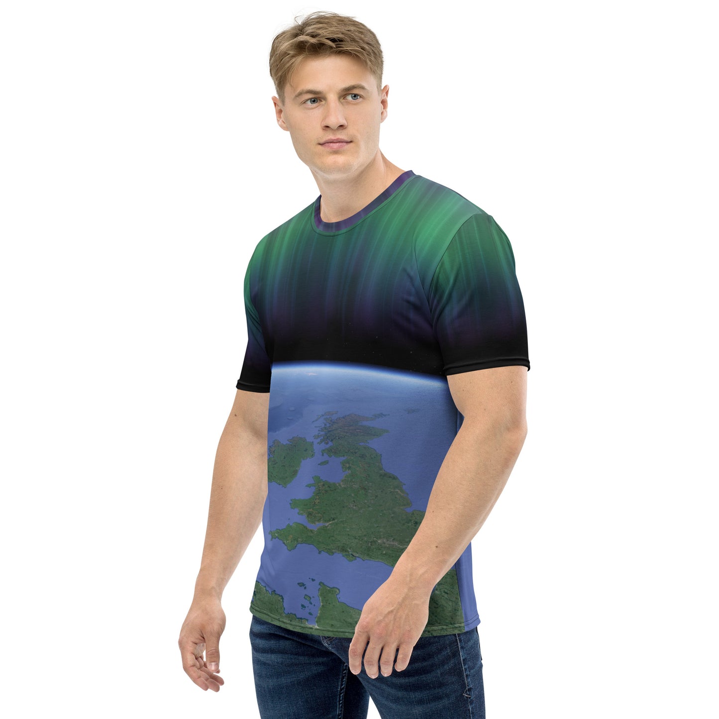 male model wearing an all over print Northern lights over the British Isles T-shirt, front left view