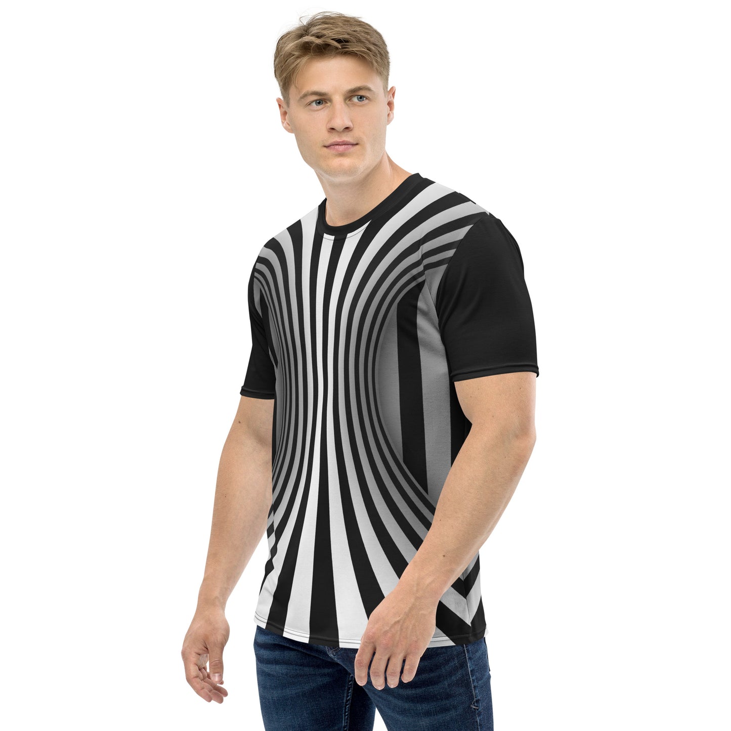 Male model wearing Black and white optical illusion men's all over print T-shirt, left view