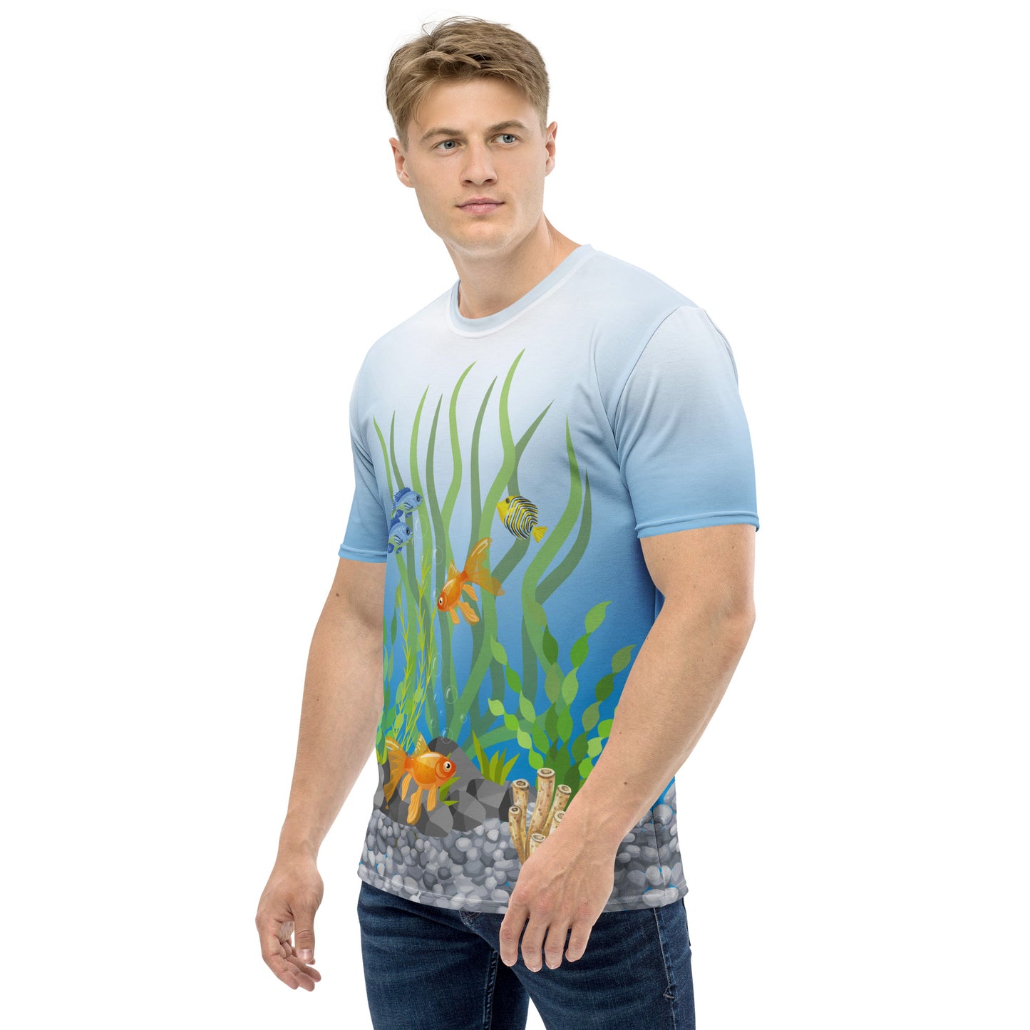 Male model showing left front side wearing a Tropical fish aquarium scene all over print men's novelty Tshirt