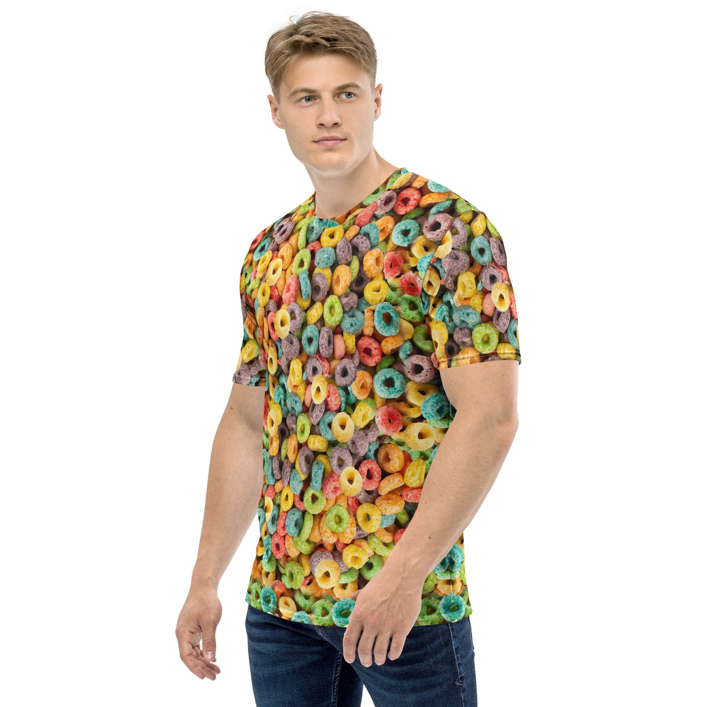 young man wearing Fruity Cereal Loops men's all over print T-shirt, front left view