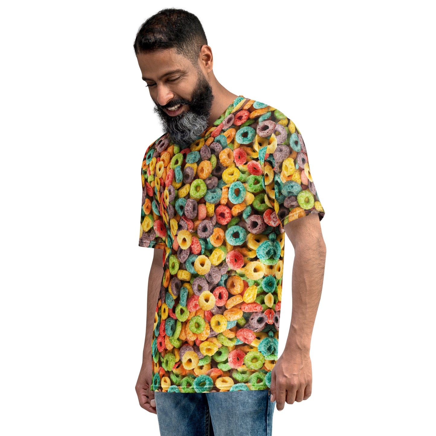 older man wearing Fruity Cereal Loops men's all over print T-shirt, left side view