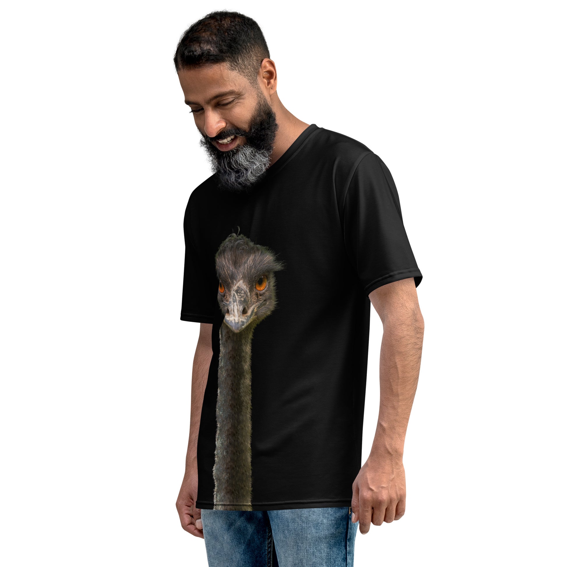 Men's all over print black T-shirt with an Emu head and neck printed on the front and back, male model, left view