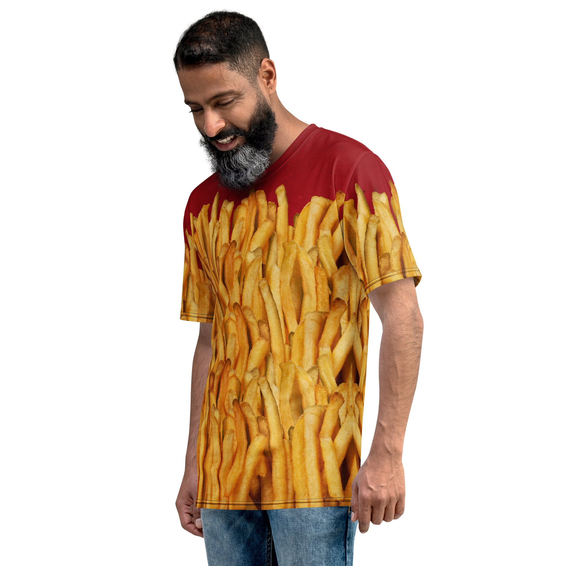 Older man wearing a men's all over print T-shirt with a ketchup base, then layered with golden french fries, delicious! Front left view.