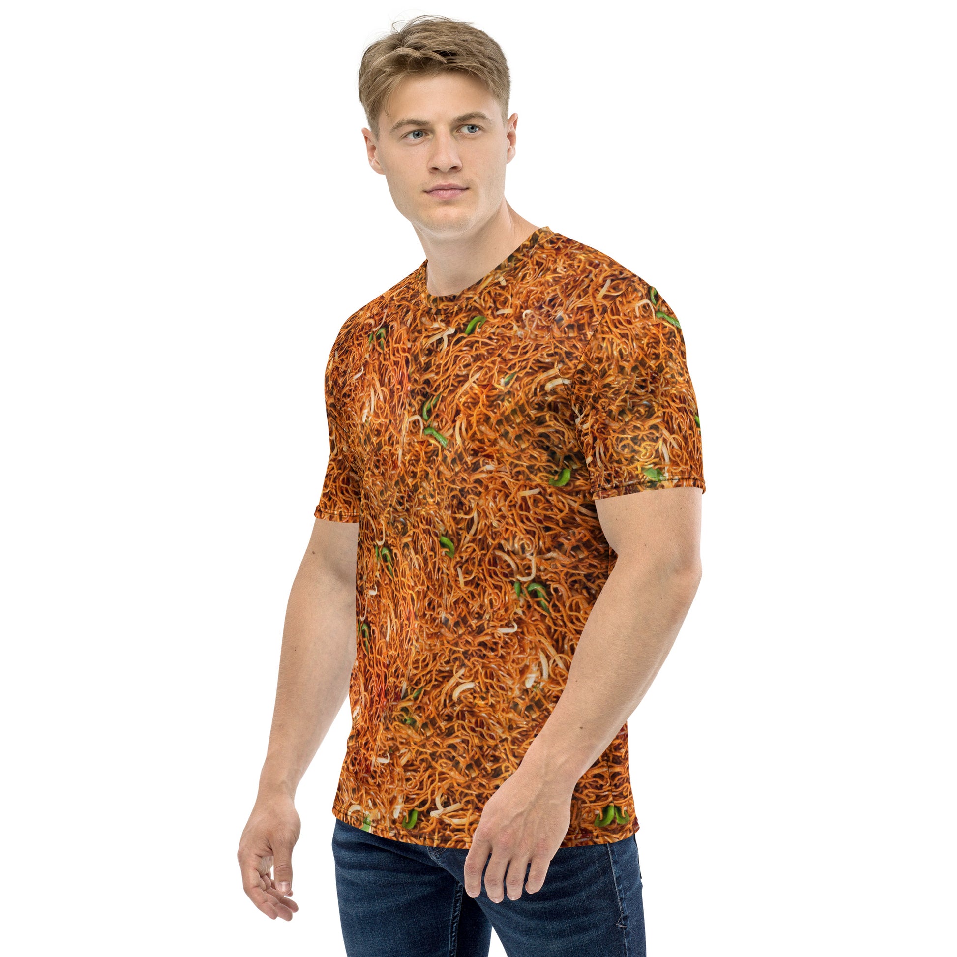 Young man wearing a Chow mein chinese noodles men's all over print T-shirt, front left view.