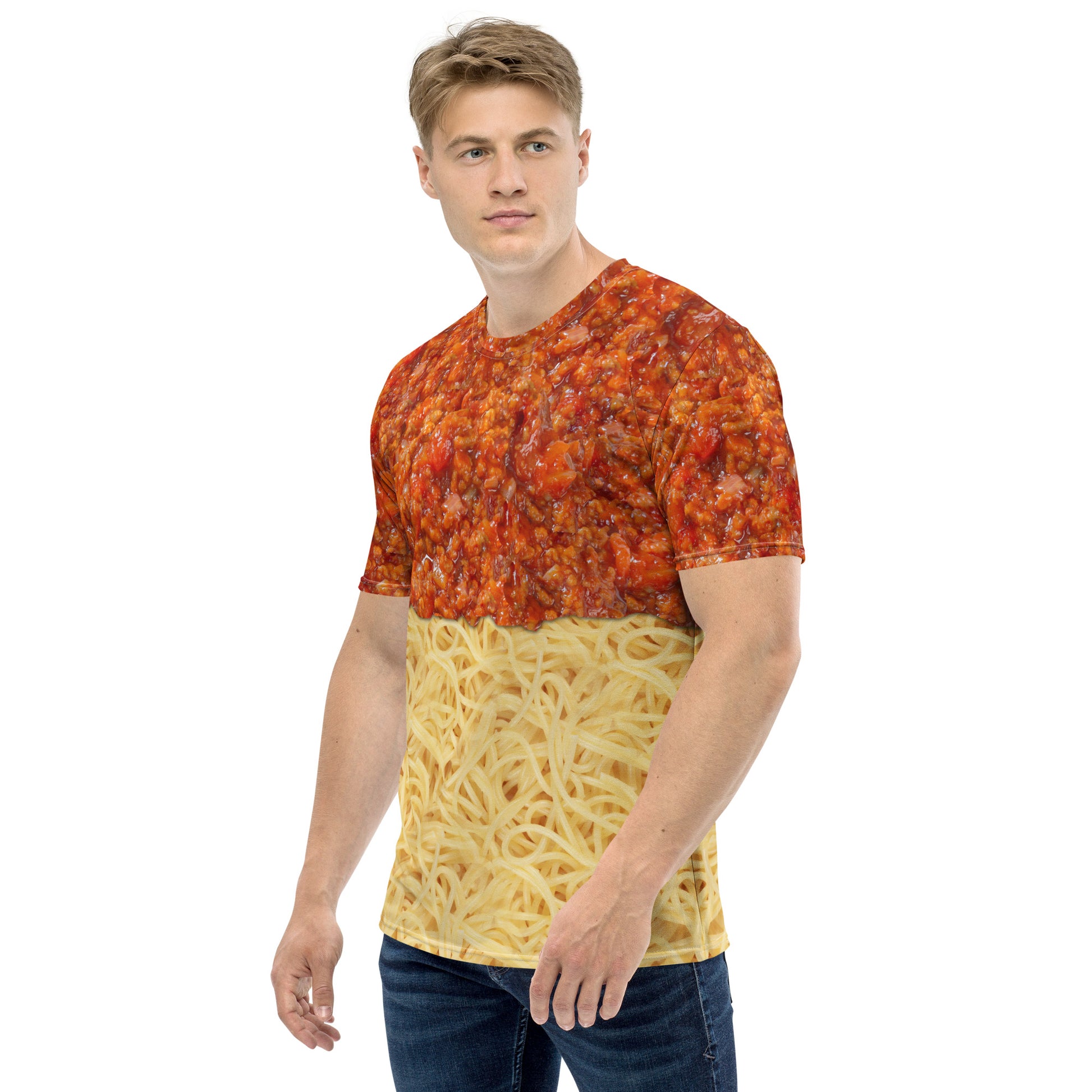 Young man wearing a Spaghetti bolognese all over print men's novelty T-shirt, front left view.