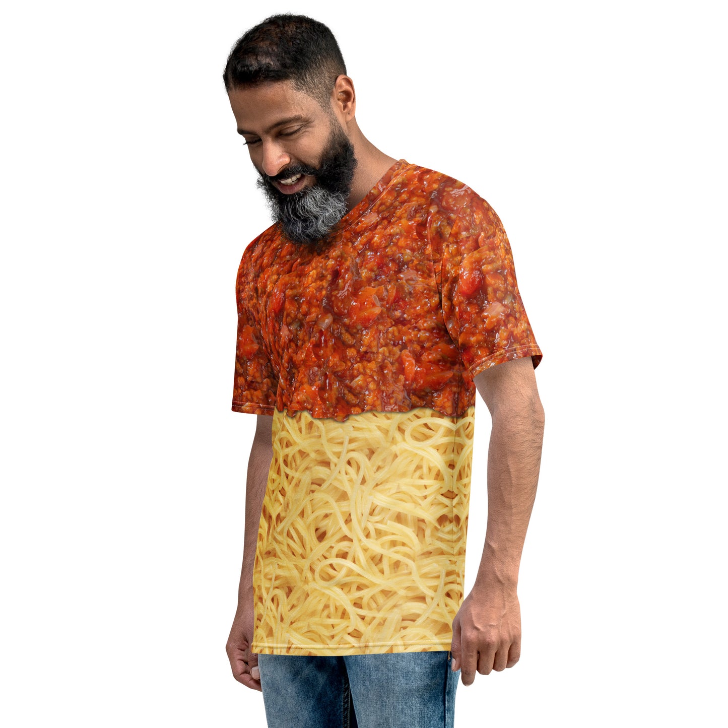 Older man wearing a Spaghetti bolognese all over print men's novelty T-shirt, left side view.