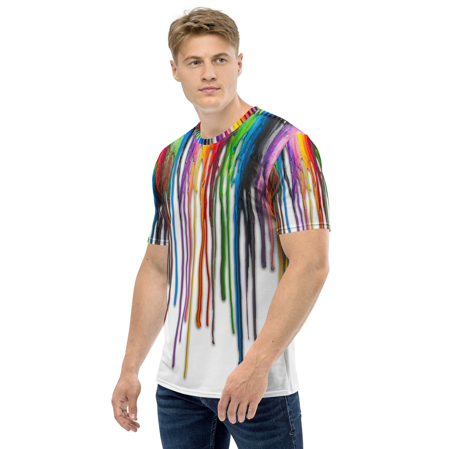 Young man wearing an All over print Melted Crayons Dripping down the shirt T-shirt, front left.