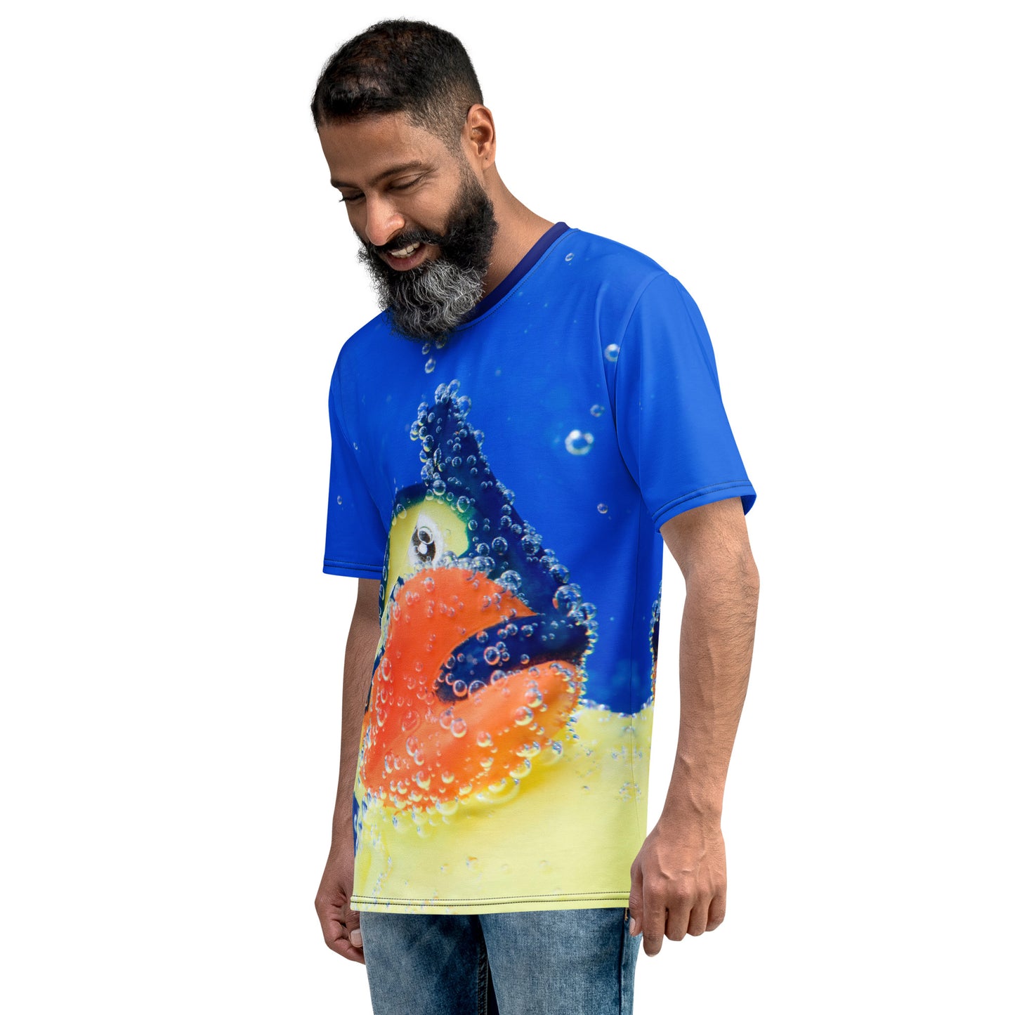 older man wearing an All over print Rubber Duck Snorkelling Underwater T-shirt, left side view.