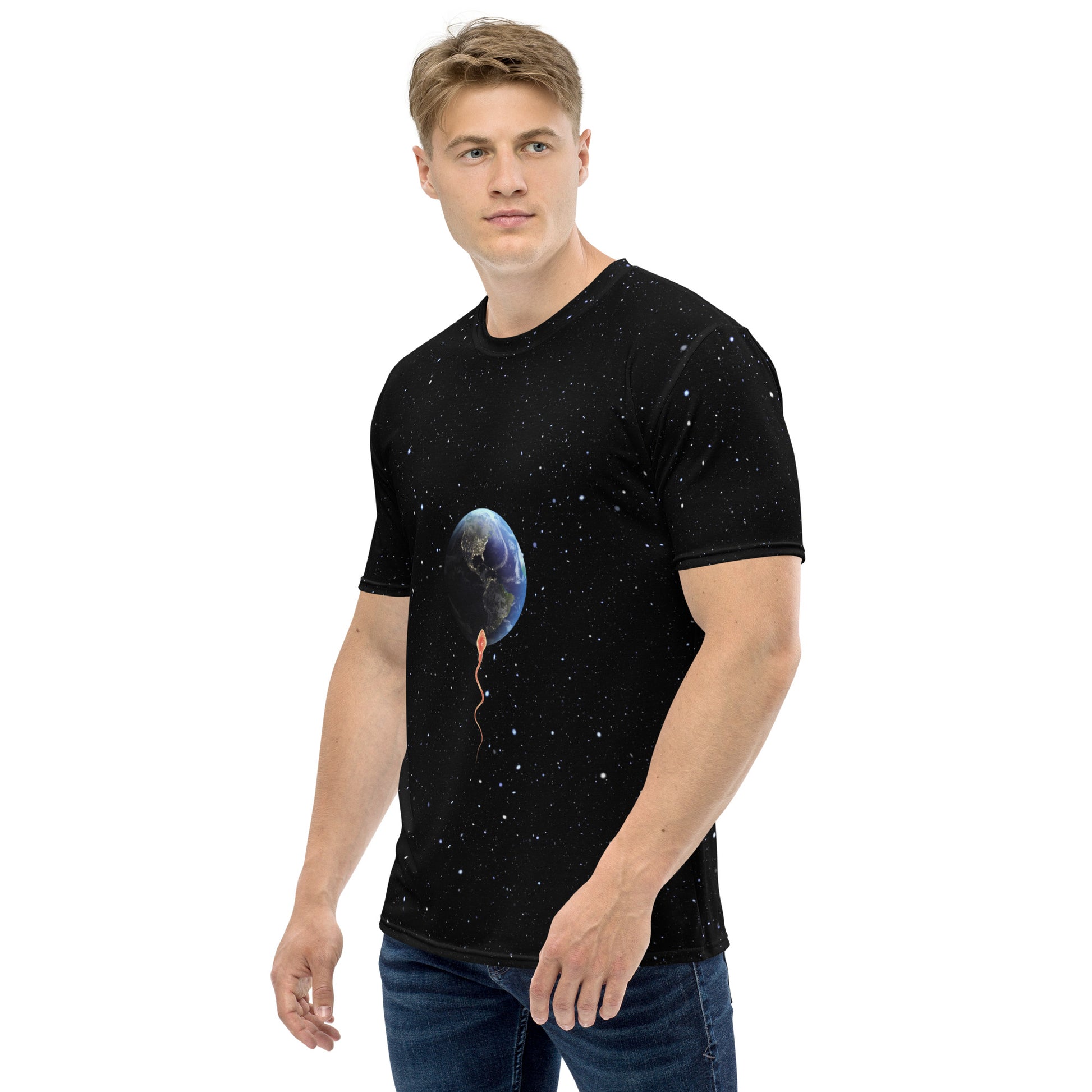 Young man wearing a Save the planet - sperm trying to penetrate planet earth T-shirt, left side.