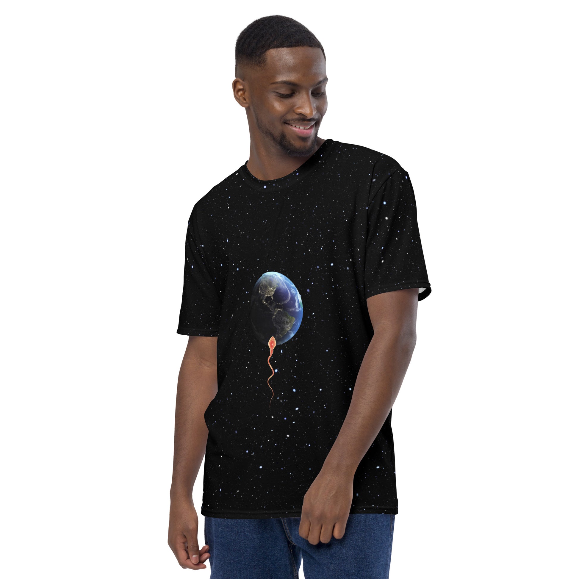 Male model wearing a Save the planet - sperm trying to penetrate planet earth T-shirt.