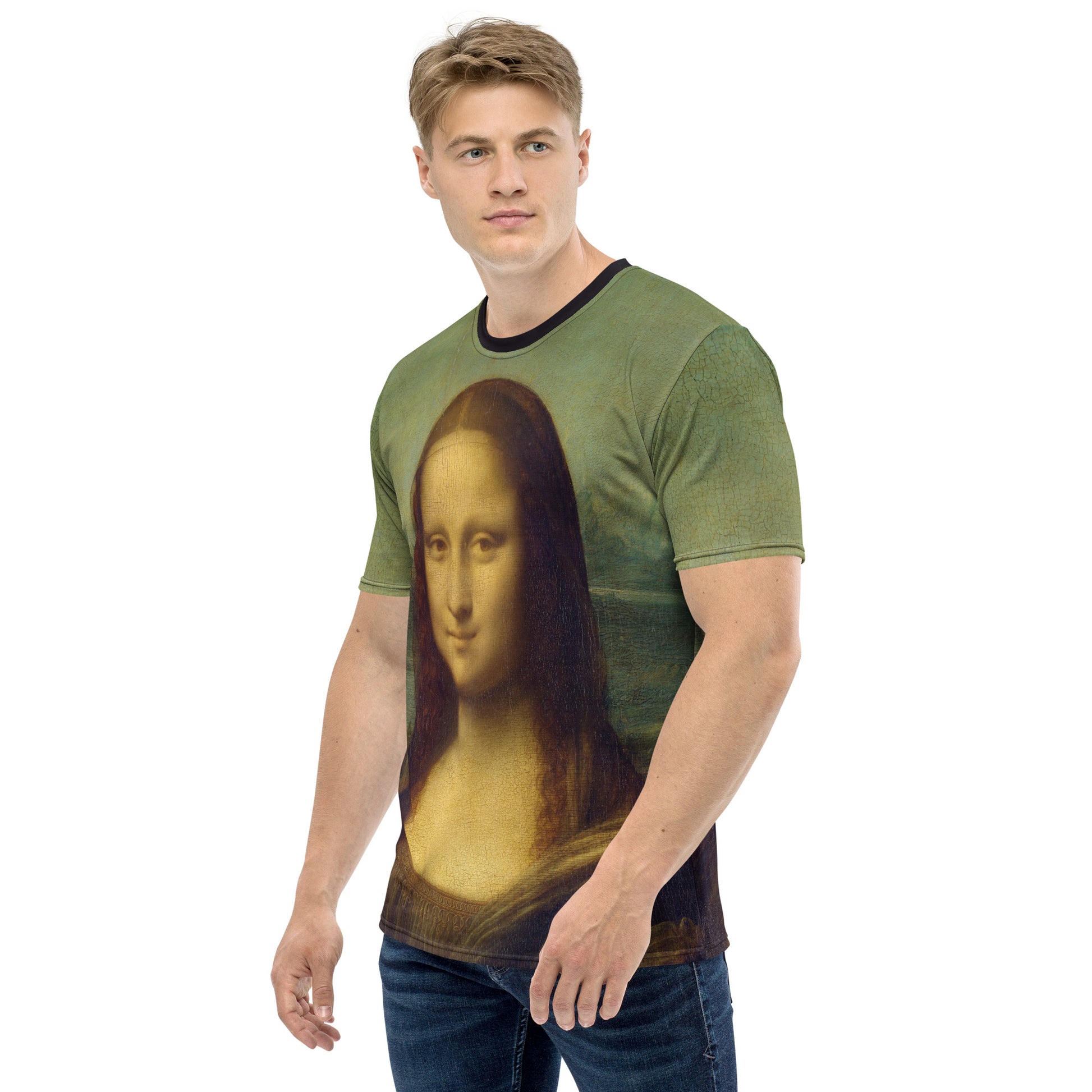 Young man modelling a Mona Lisa Smile all over print Novelty T-shirt, left side.