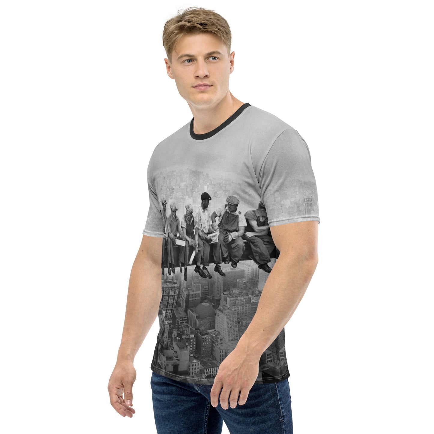 young man wearing a Vintage Lunch Atop a Skyscraper Iconic All Over Print Photo T-shirt, left view