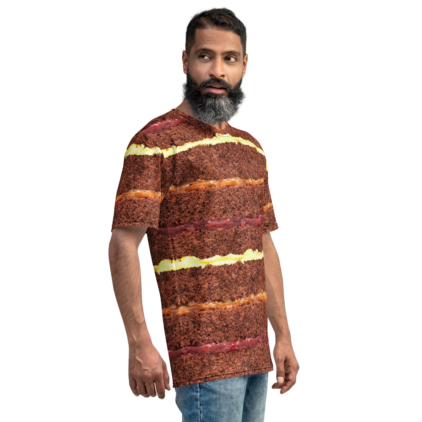 male model wearing Chocolate Gateau Cake Layers all over print men's T-shirt front right view