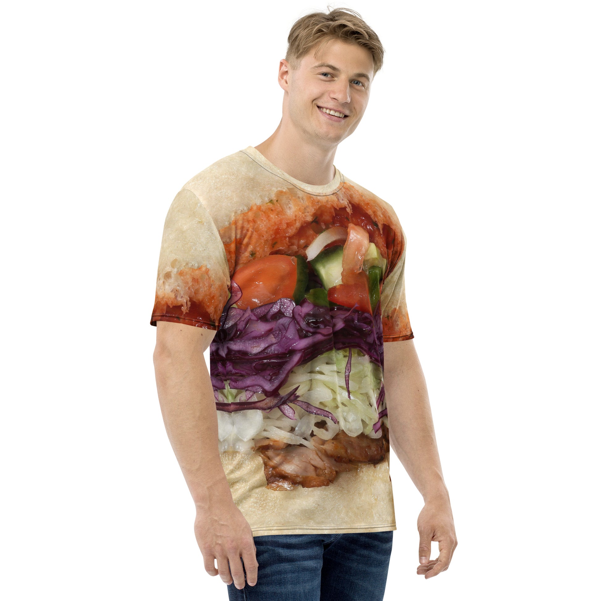 Doner kebab with chilli sauce and salad all over print men's T-shirt male model front right view