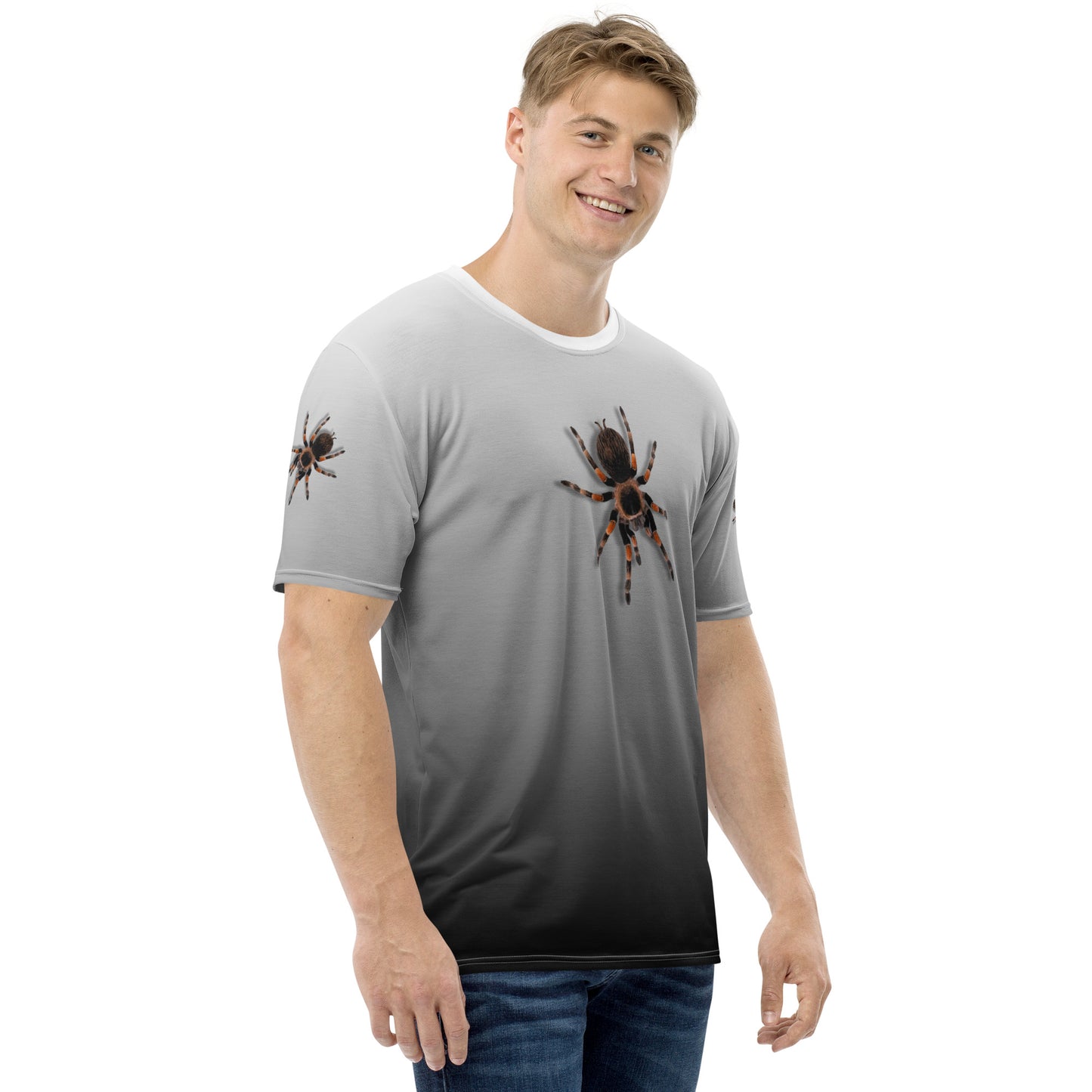 Men's 3D Tarantula spiders all over print T-shirt, with realistic tarantulas on both arms, front and back of shirt. Shirt colour is monochrome gradient. Male model facing left.