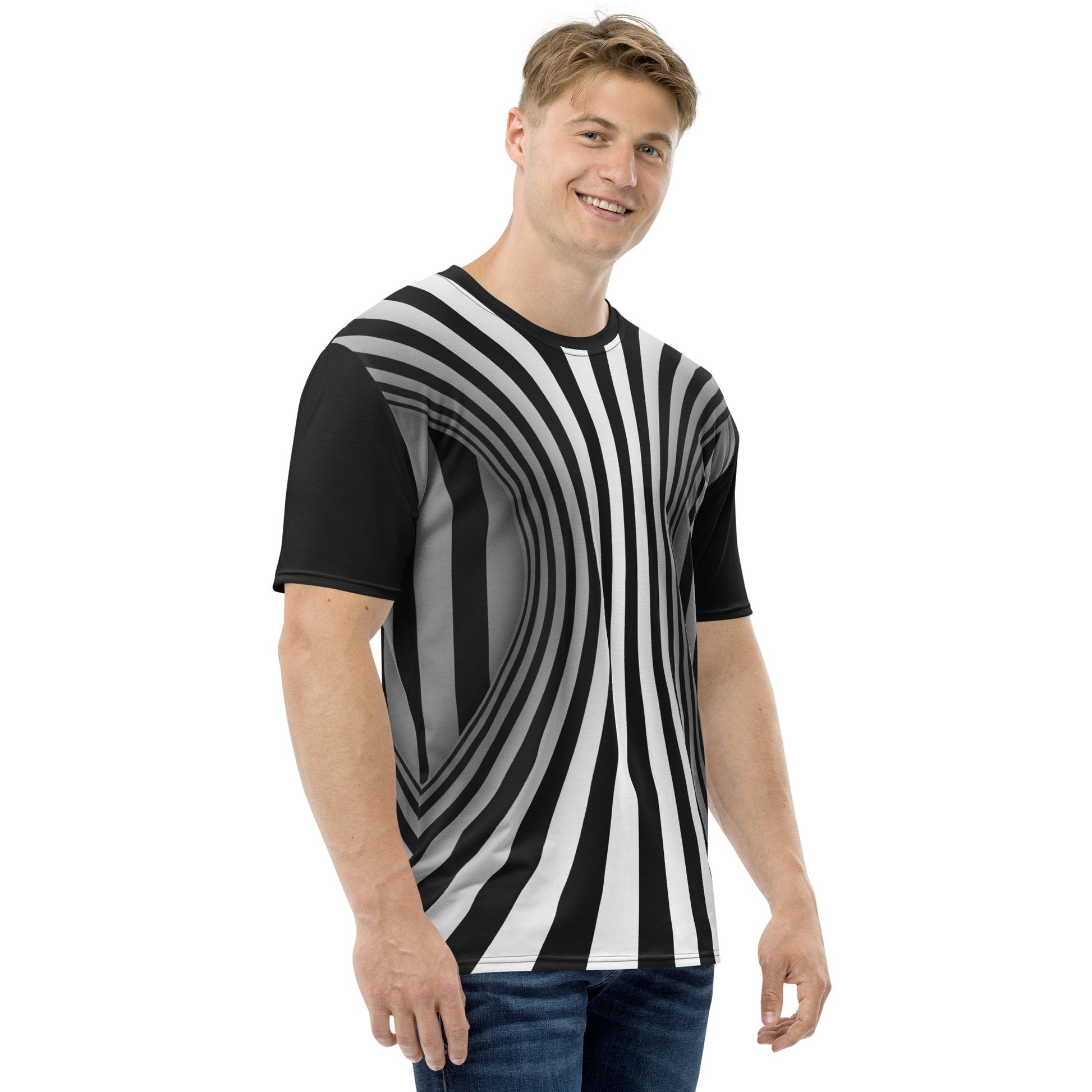 Male model wearing Black and white optical illusion men's all over print T-shirt, right view