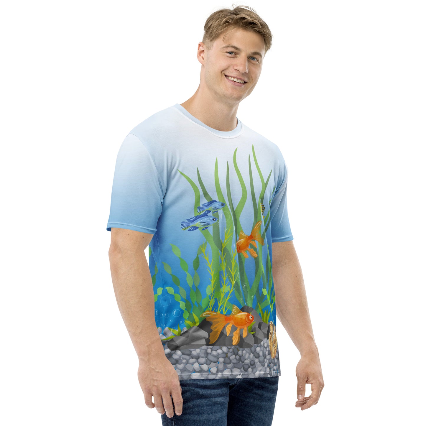 Tropical fish aquarium scene all over print men's novelty T-shirt, male model, front right view