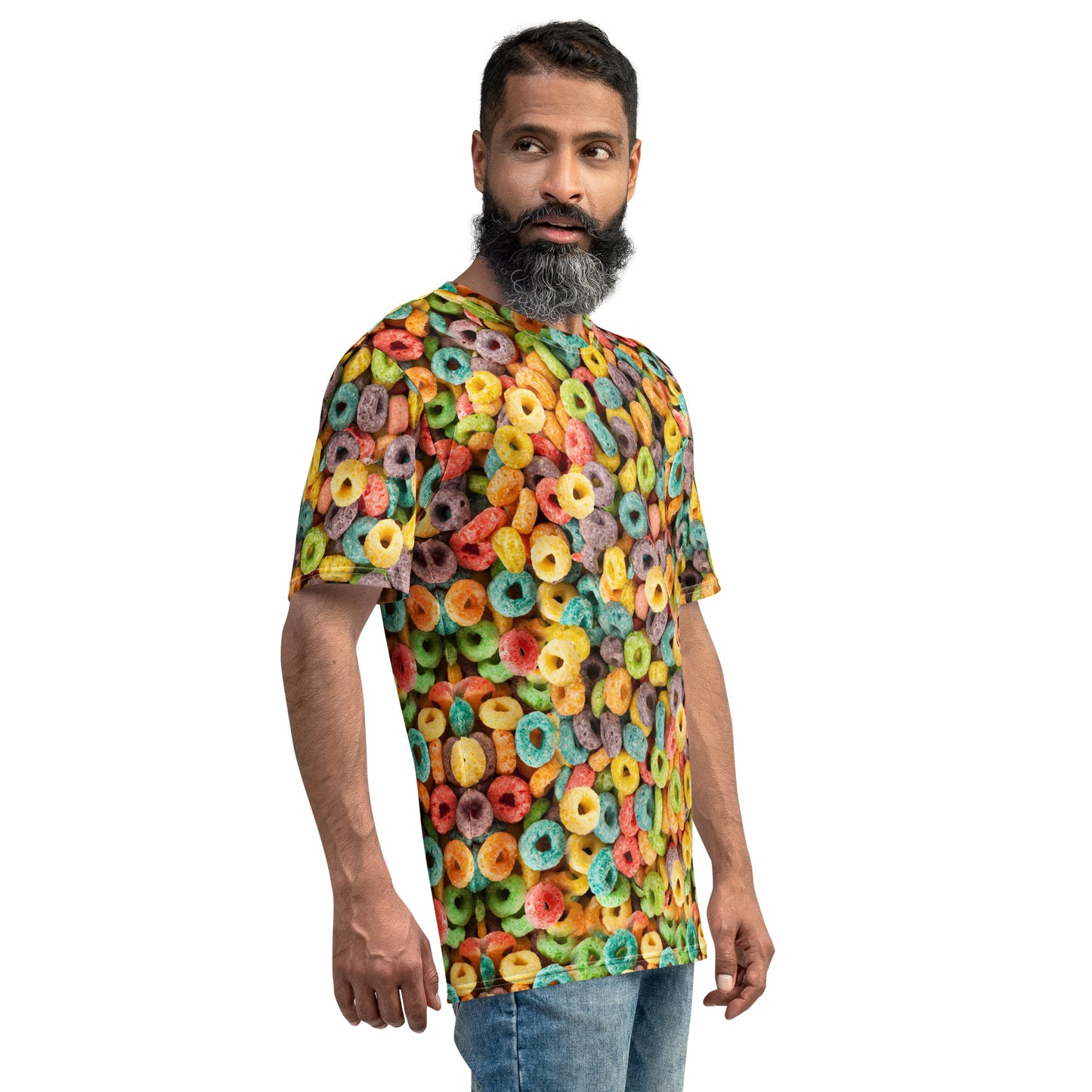 older man wearing Fruity Cereal Loops men's all over print T-shirt right side view