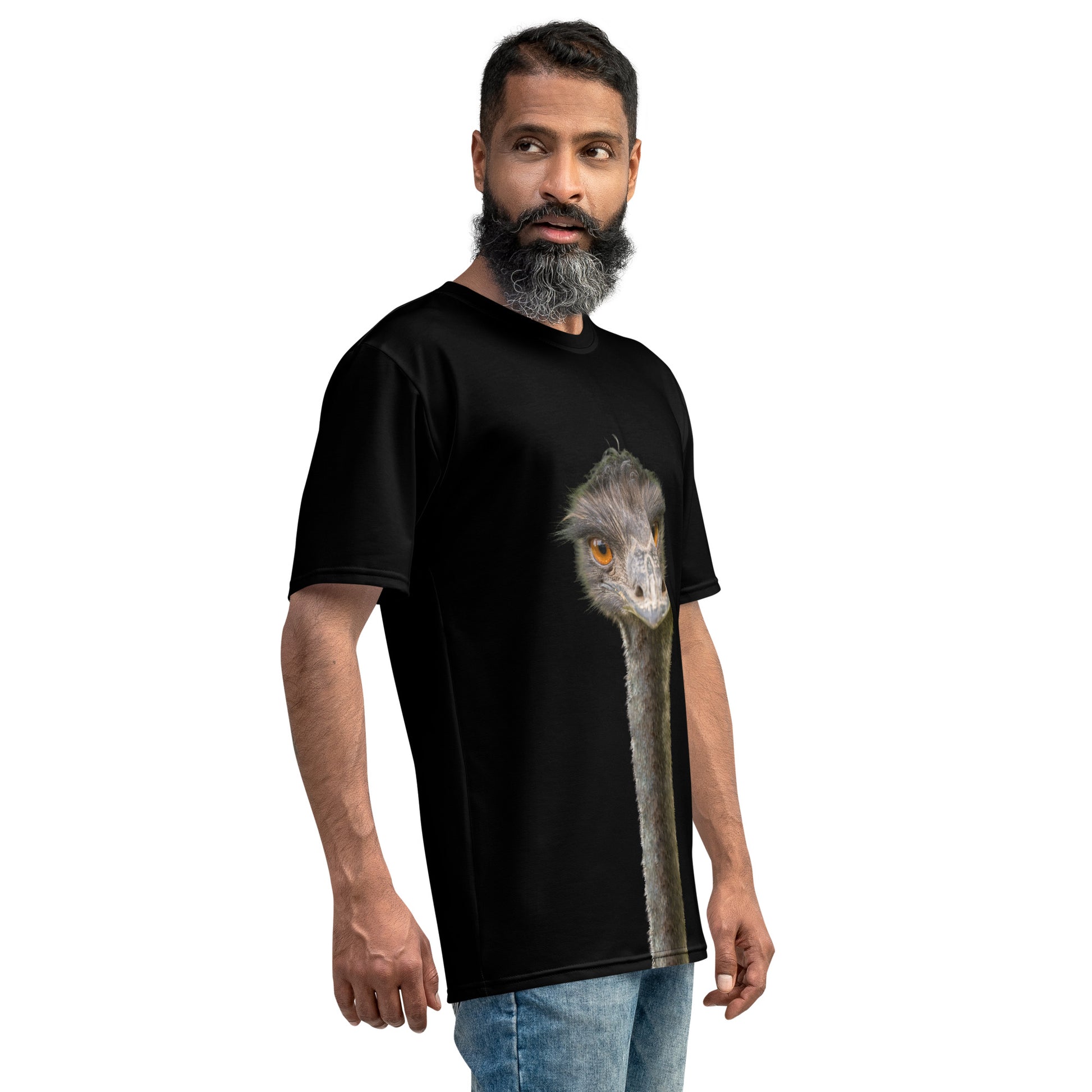 Men's all over print black T-shirt with an Emu head and neck printed on the front and back, male model, right side view