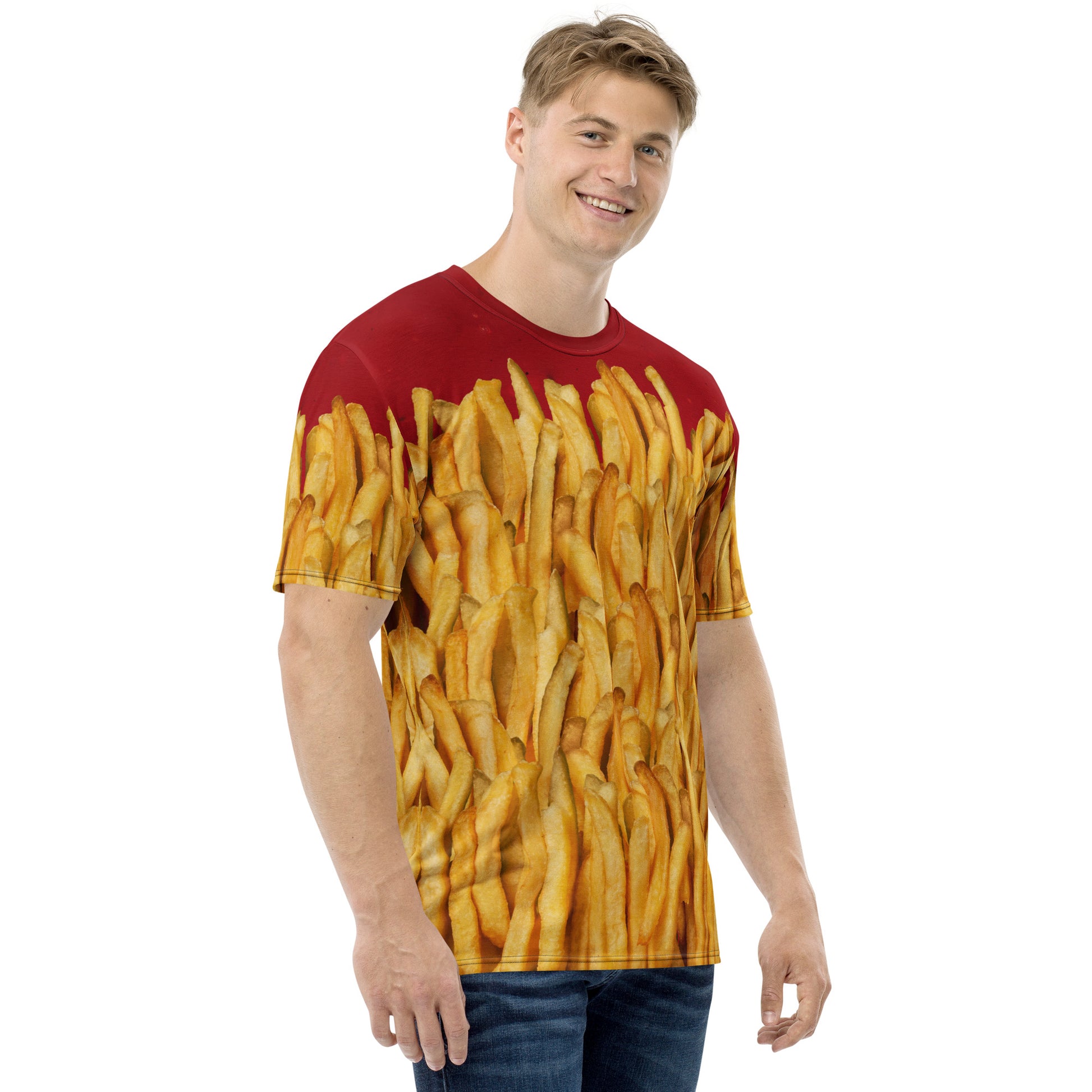 Young man wearing a men's all over print T-shirt with a ketchup base, then layered with golden french fries, delicious! Right front view