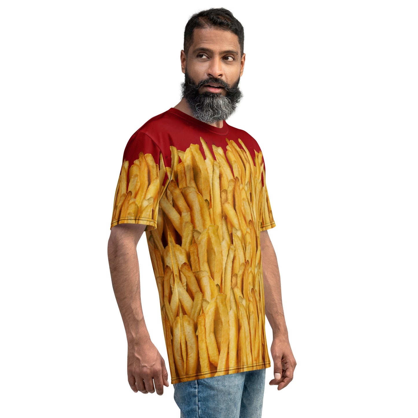 Older man wearing a men's all over print T-shirt with a ketchup base, then layered with golden french fries, delicious! Front right view.