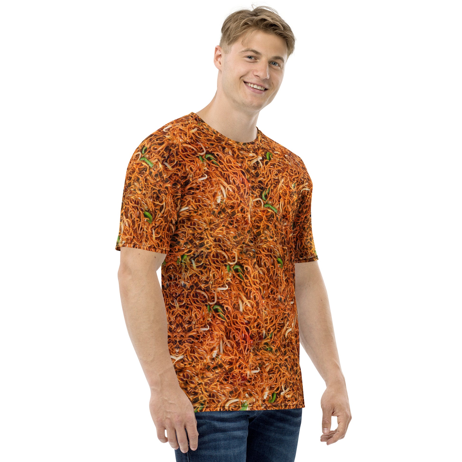 young man wearing a Chow mein chinese noodles men's all over print T-shirt, front right view.