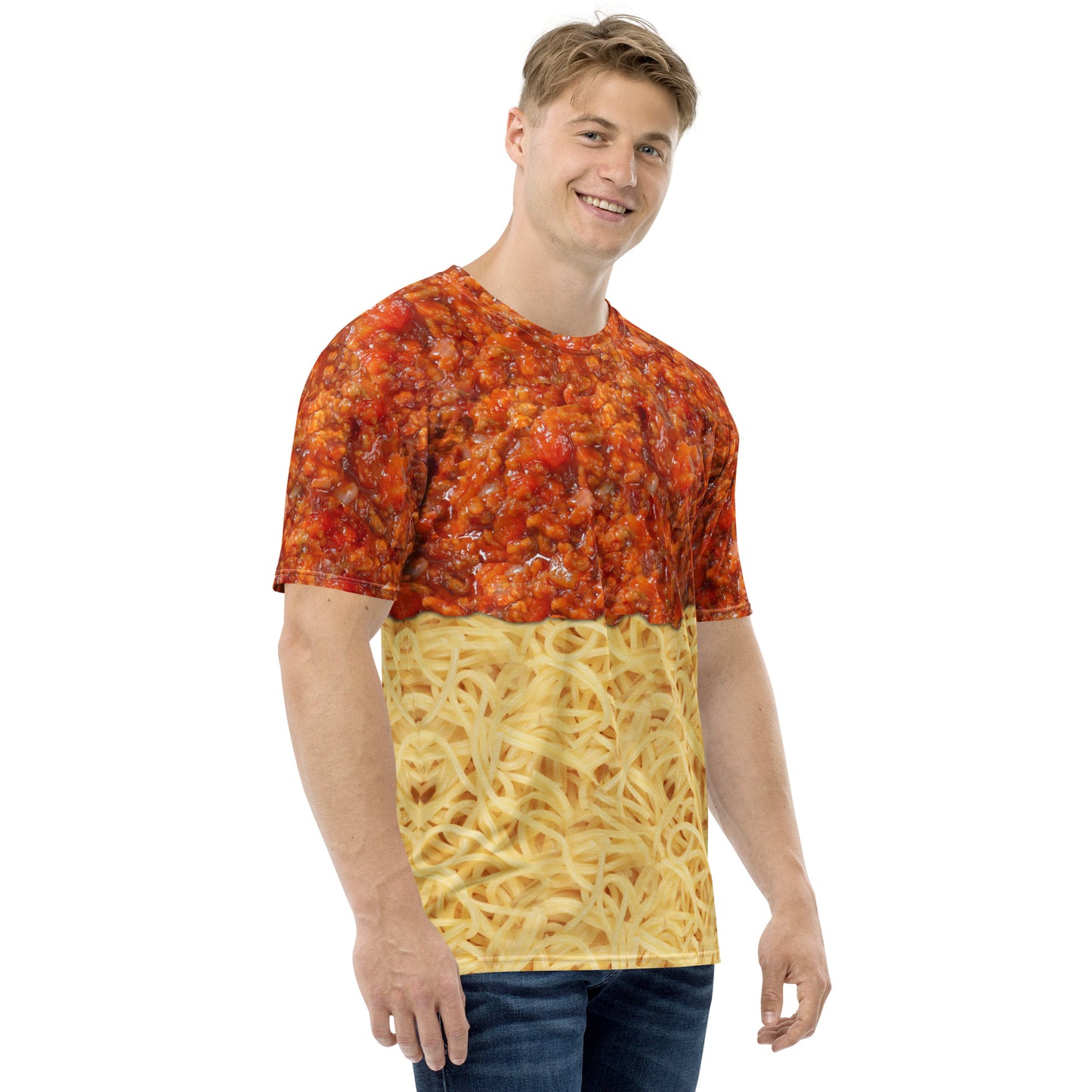 Young man wearing a Spaghetti bolognese all over print men's novelty T-shirt, front right view.