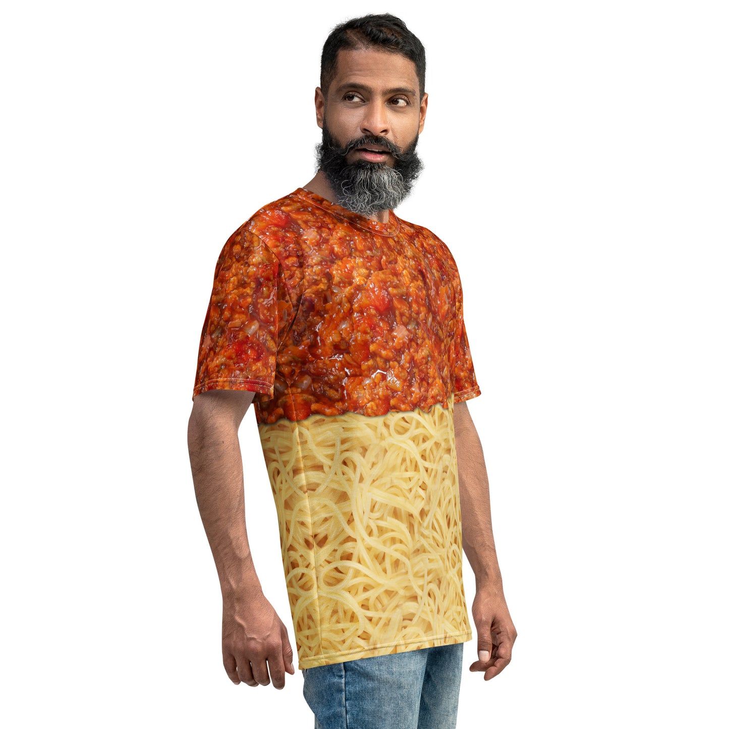 Older man wearing a Spaghetti bolognese all over print men's novelty T-shirt, front right view.