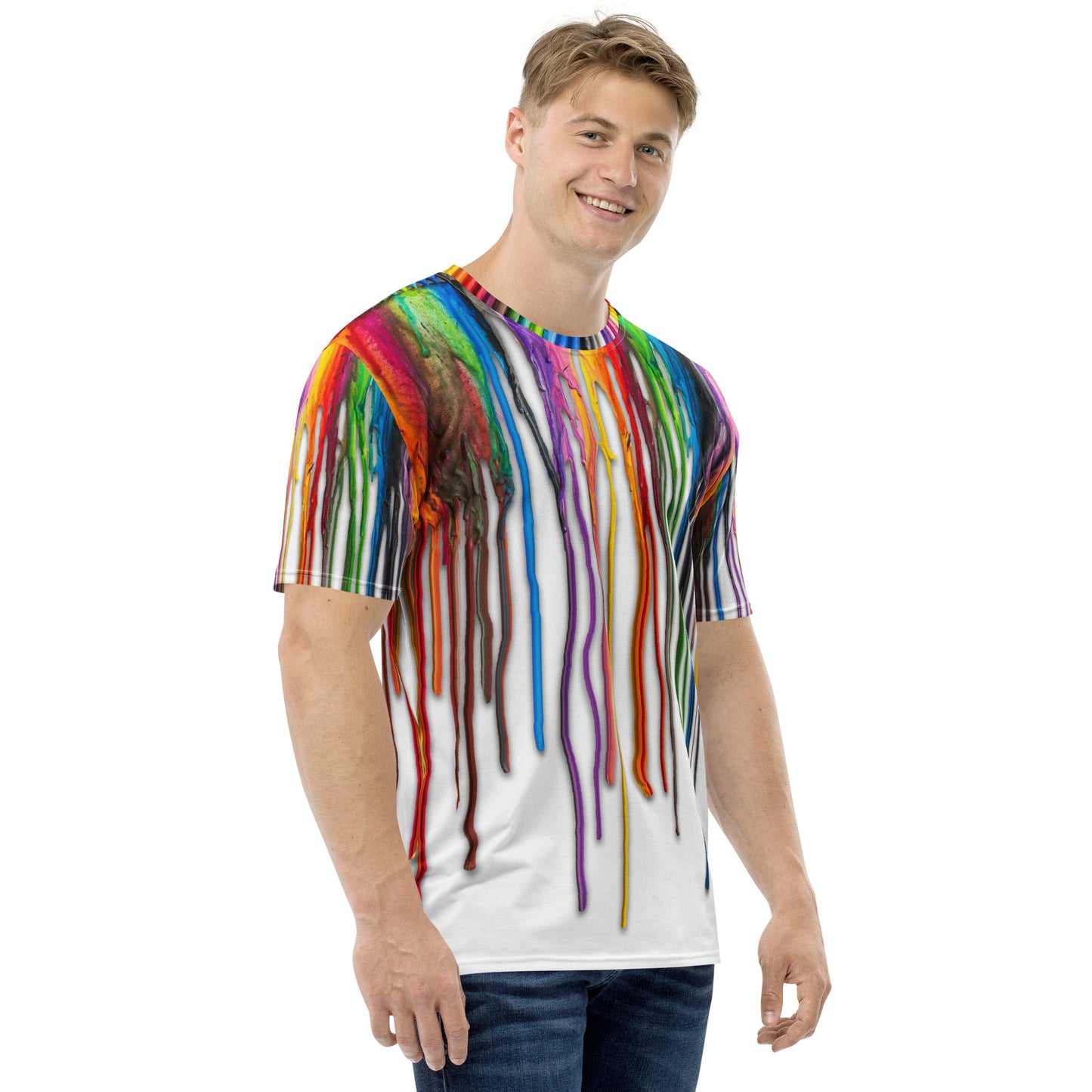 Young man wearing an All over print Melted Crayons Dripping down the shirt T-shirt, front right.