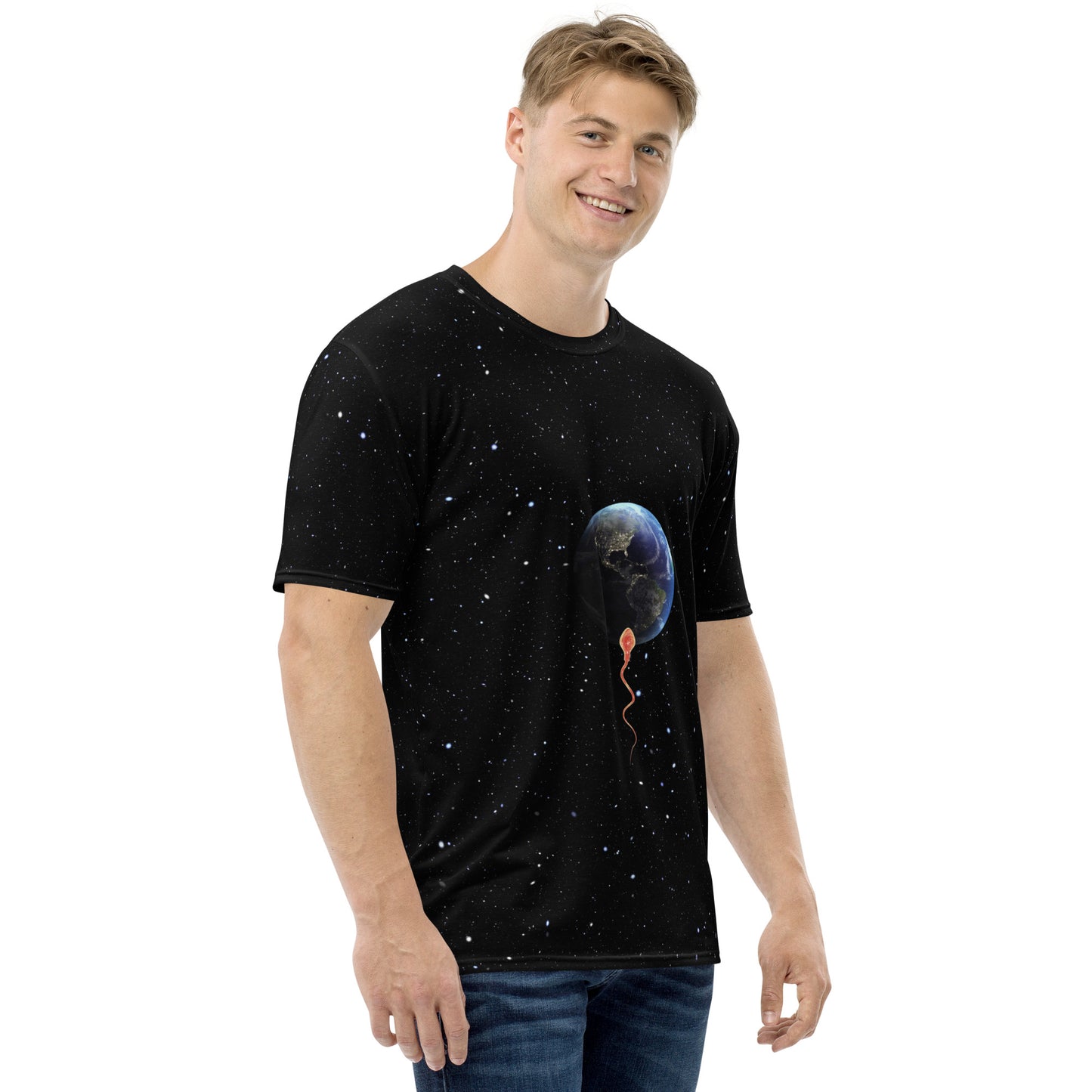 Young man wearing a Save the planet - sperm trying to penetrate planet earth T-shirt, right side.