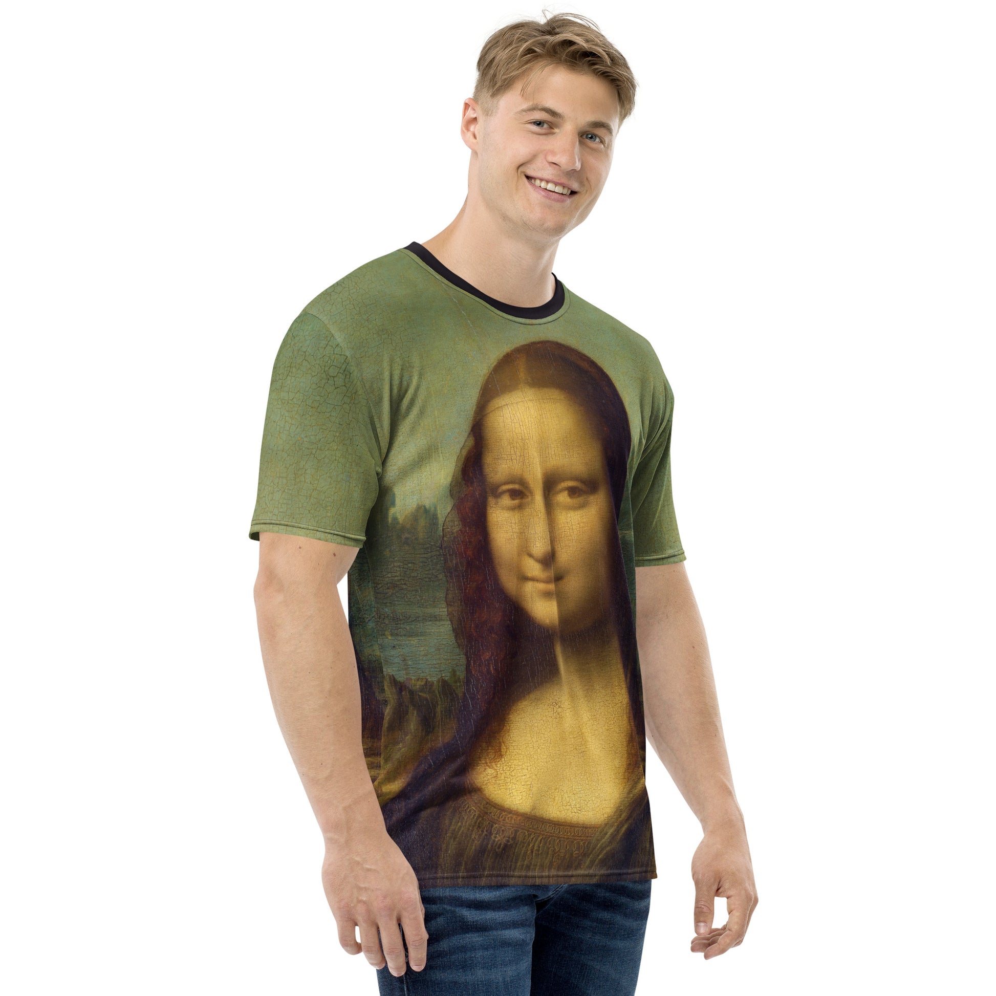 Young man modelling a Mona Lisa Smile all over print Novelty T-shirt, right side.