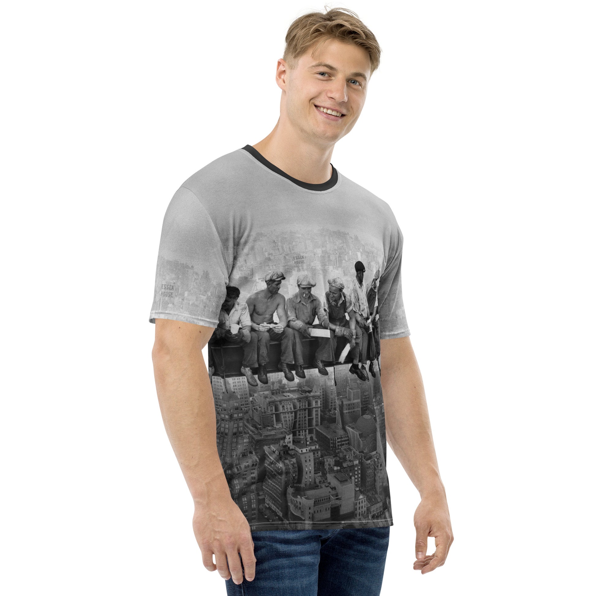 young man wearing a Vintage Lunch Atop a Skyscraper Iconic All Over Print Photo T-shirt, right view